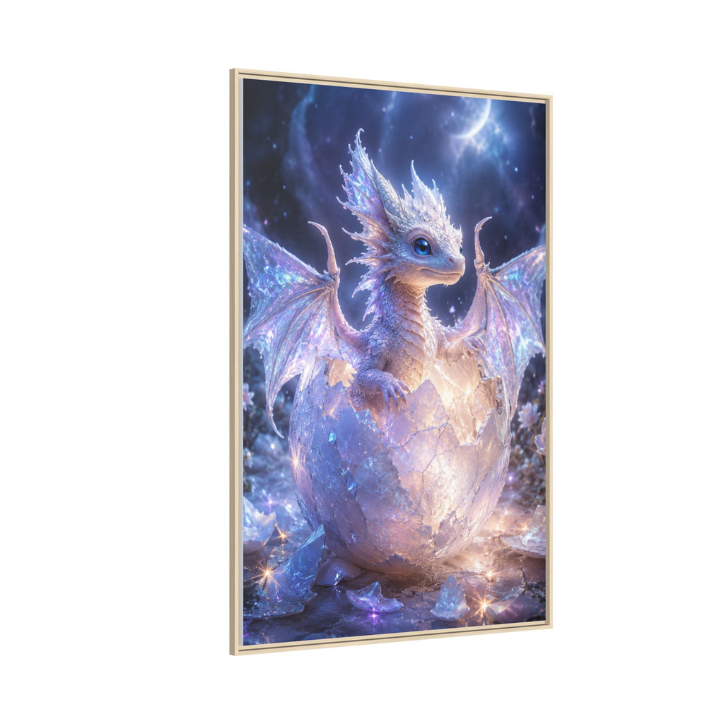 Framed Fantasy Dragon Canvas Print — Mystical Baby Dragon in Cracked Egg Wall Art