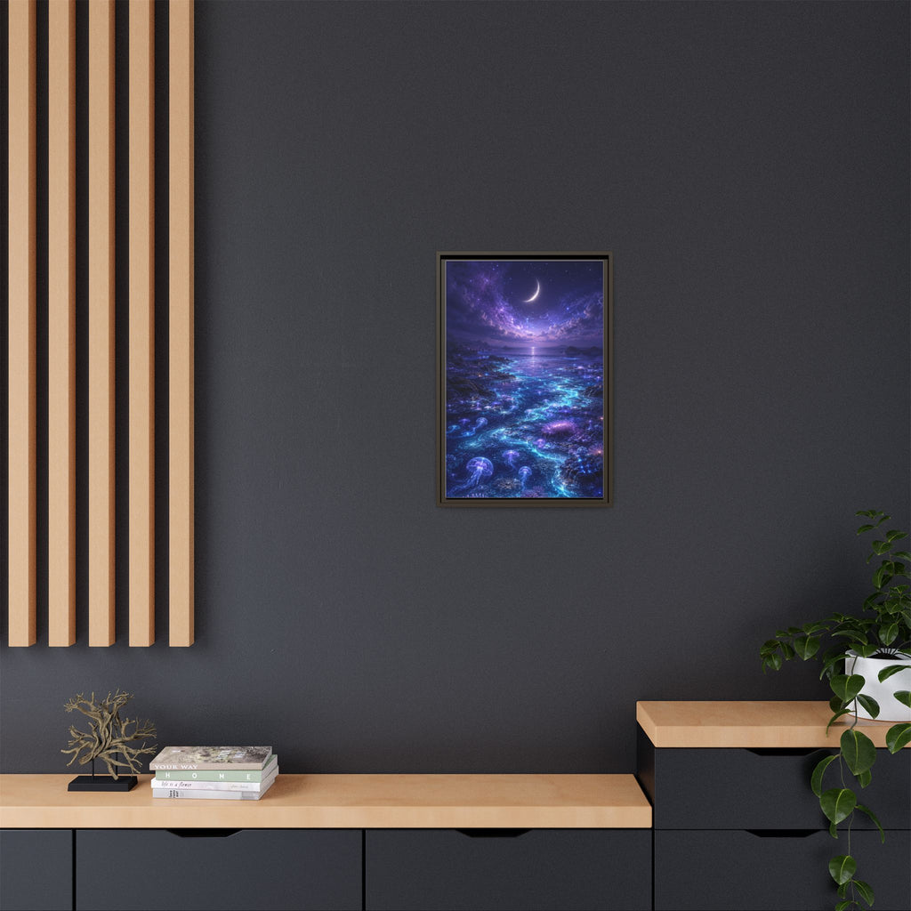 Framed Canvas Art — Bioluminescent Moonlit Ocean Scene