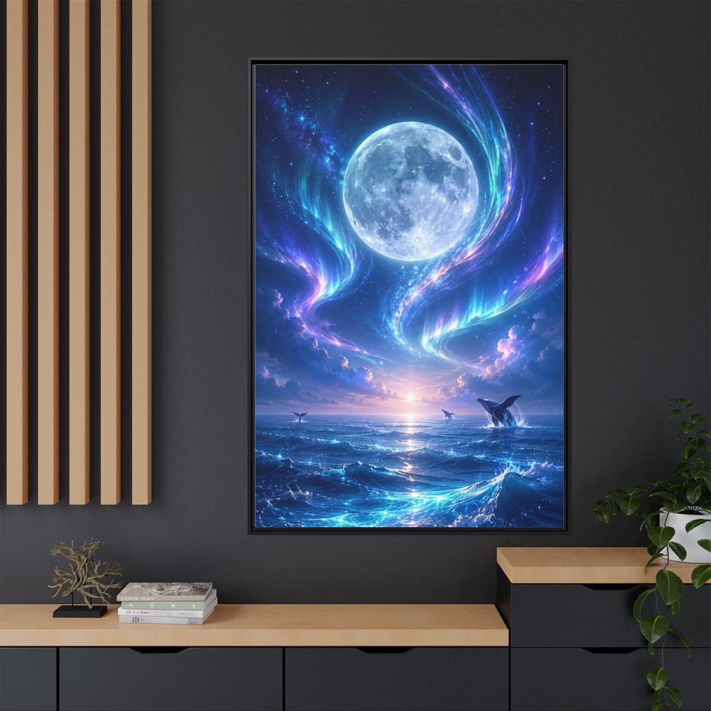 Framed Canvas Art - Lunar Aurora Ocean Scene