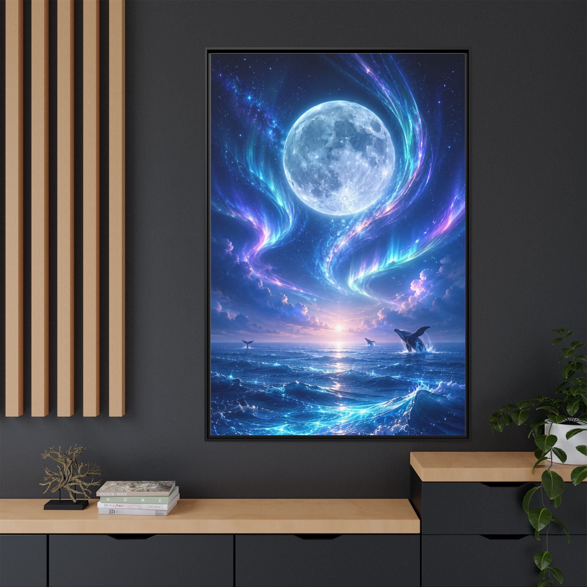 Framed Canvas Art - Lunar Aurora Ocean Scene