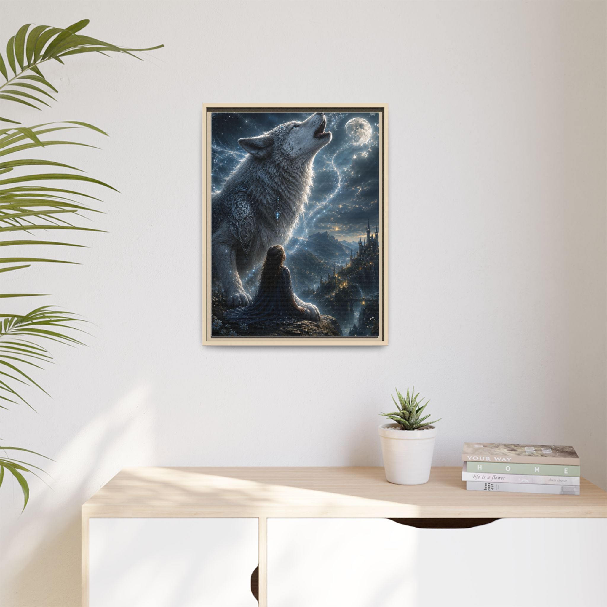 Howling Wolf Moon Matte Canvas Print — Framed Fantasy Wall Art