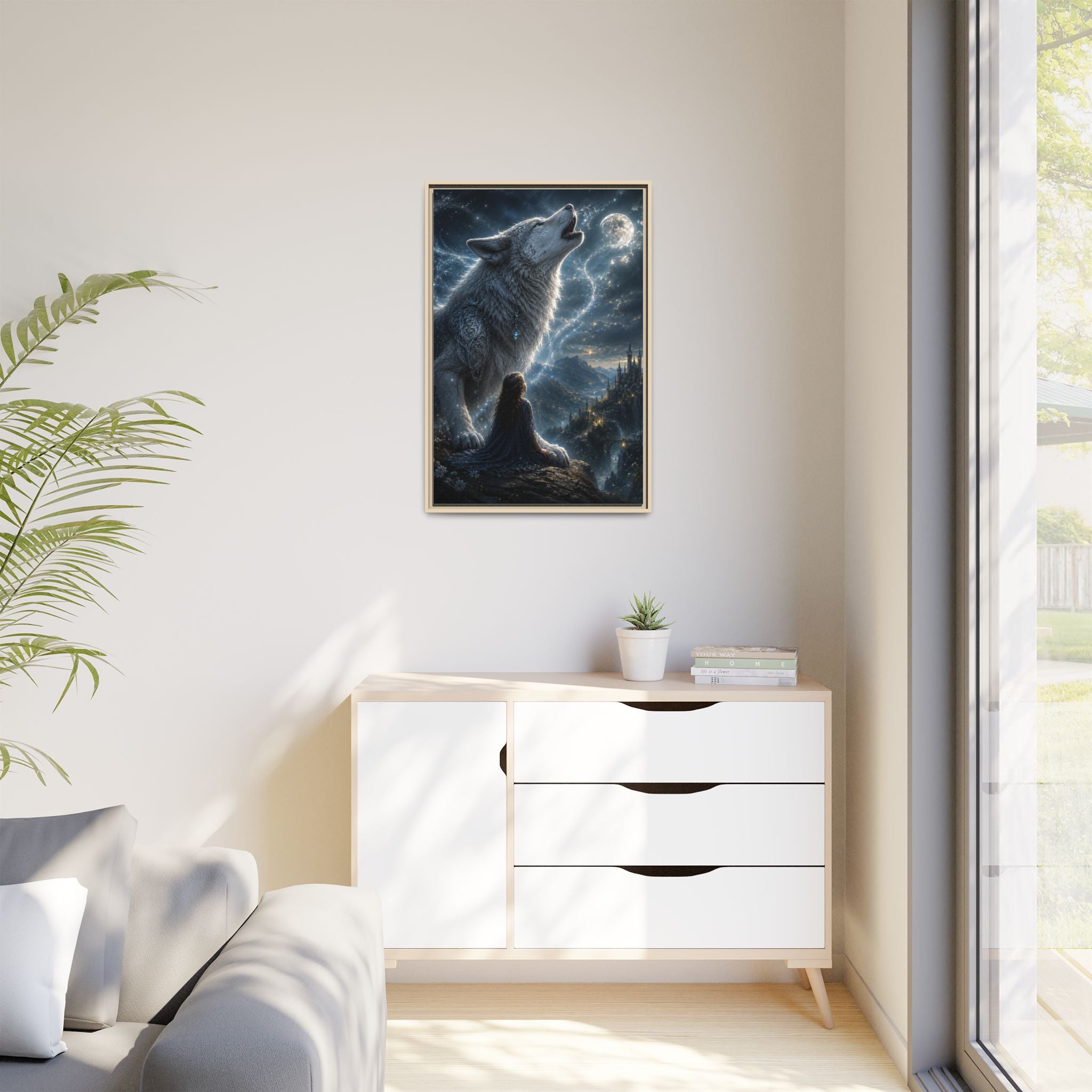 Howling Wolf Moon Matte Canvas Print — Framed Fantasy Wall Art