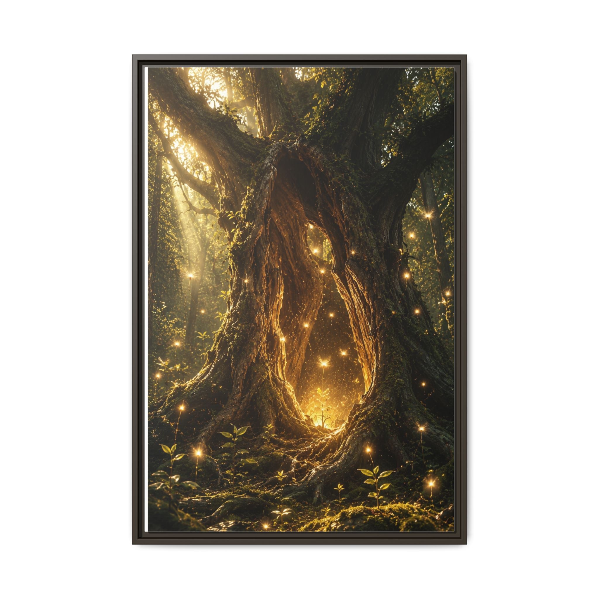 Framed Canvas Art - Enchanted Forest Tree with Glowing Fireflies