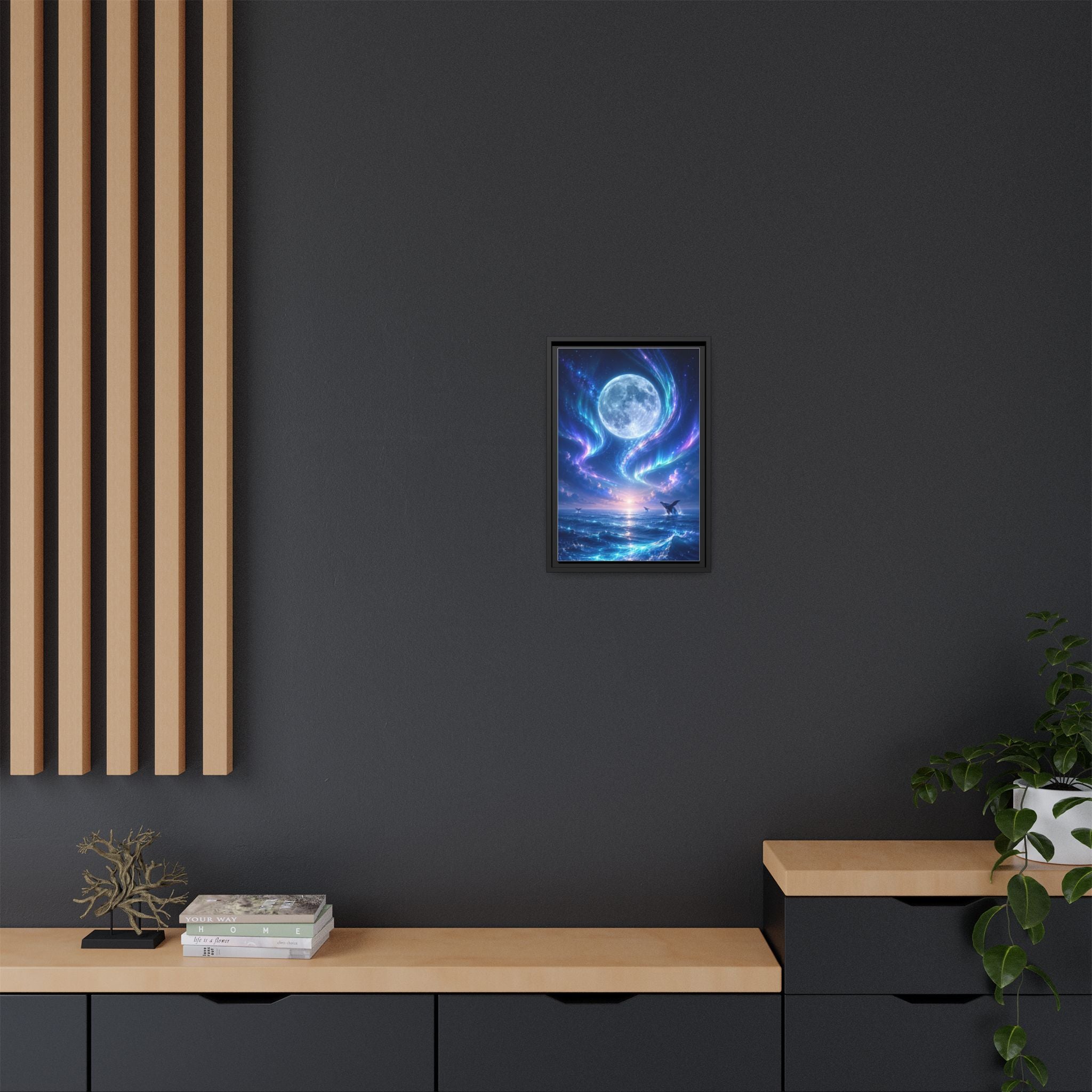 Framed Canvas Art - Lunar Aurora Ocean Scene