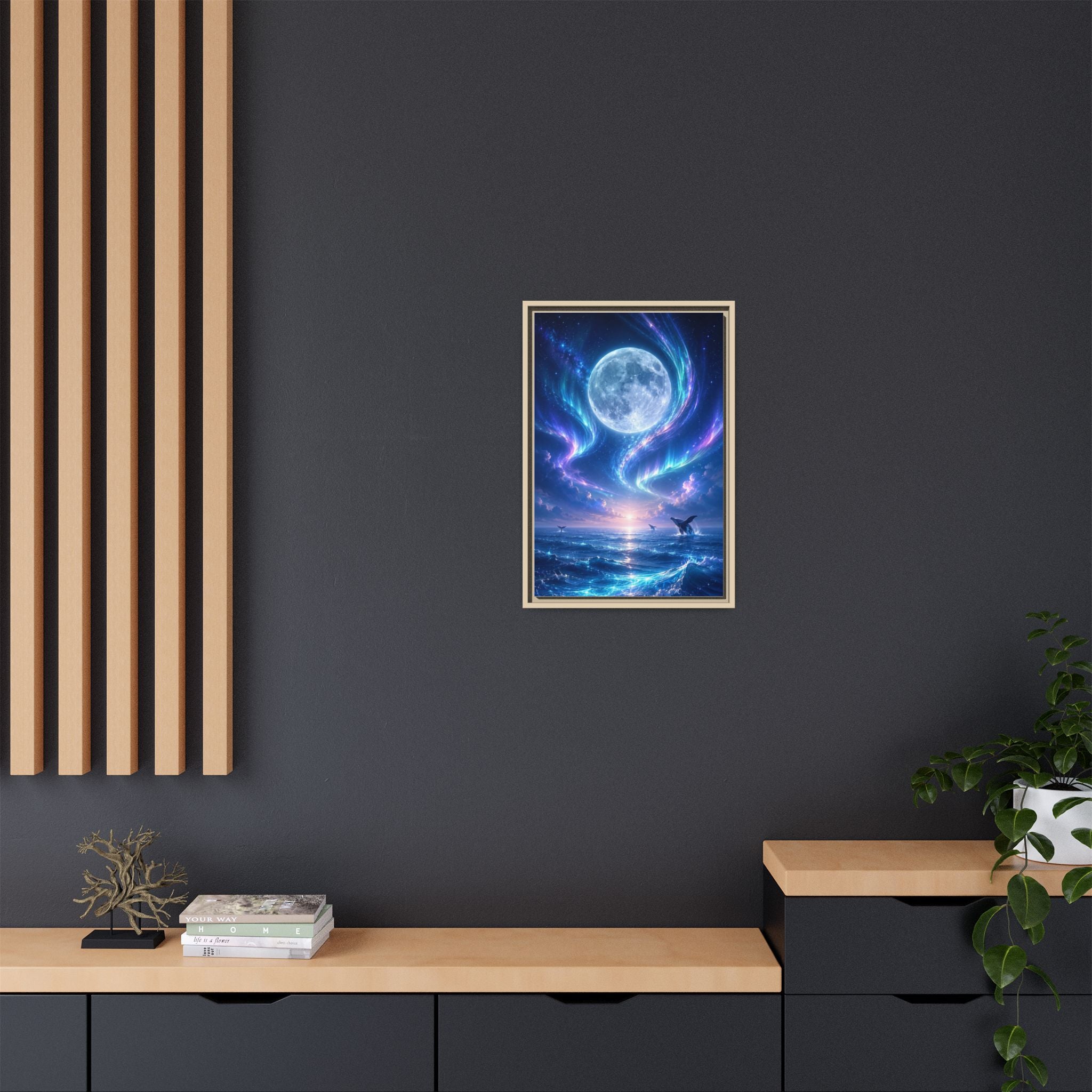 Framed Canvas Art - Lunar Aurora Ocean Scene
