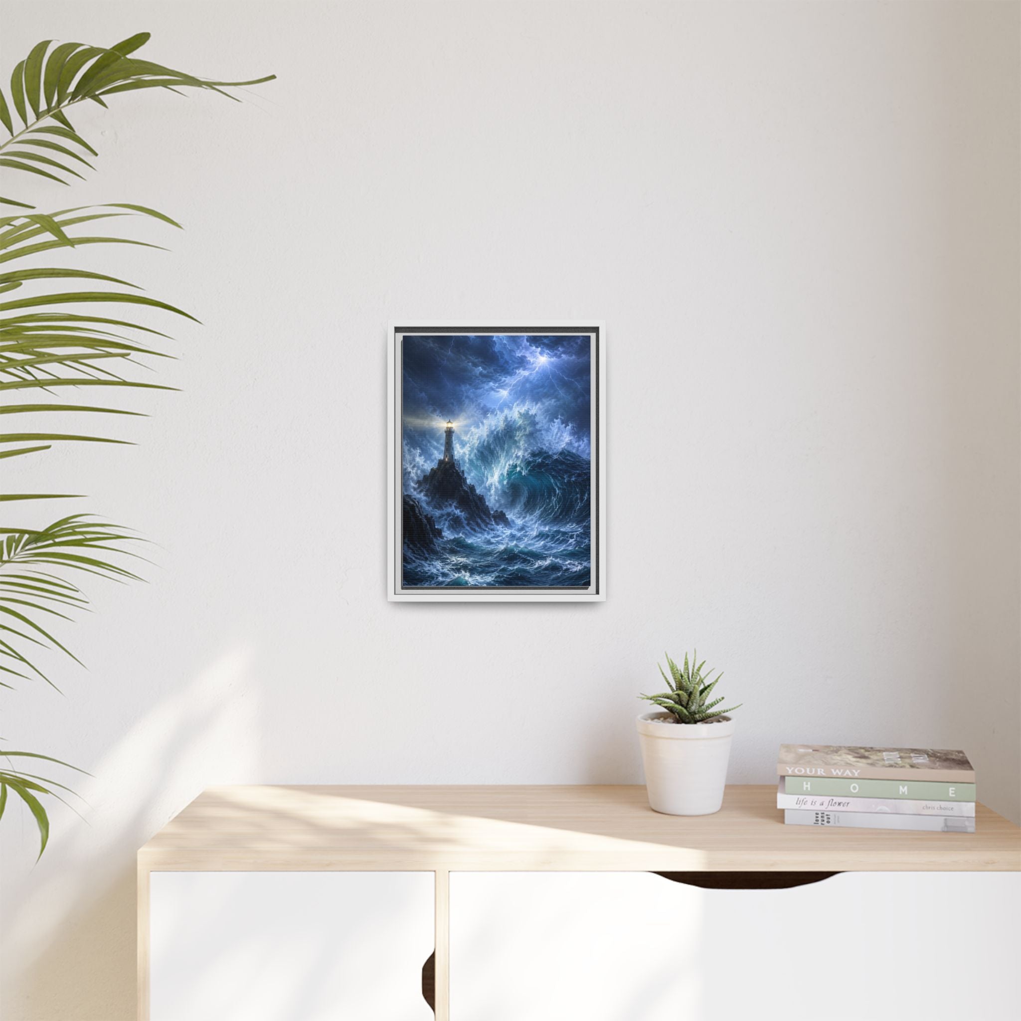Framed Matte Canvas – Stormy Lighthouse Ocean Print