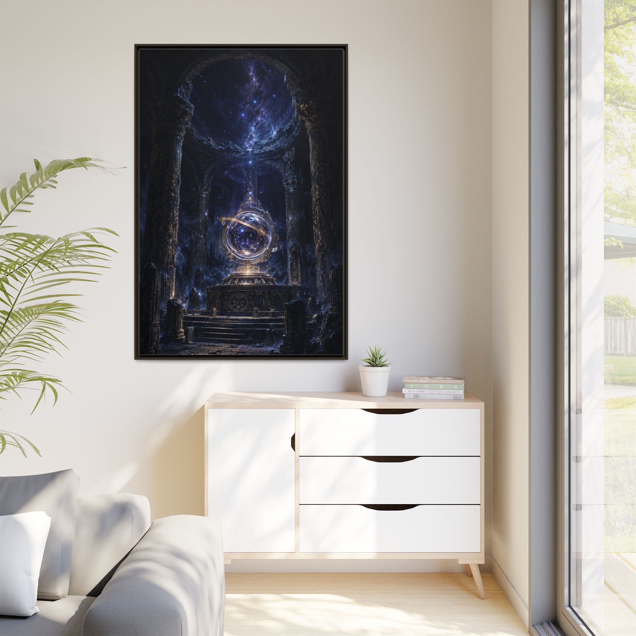 Framed Cosmic Temple Matte Canvas Art — Mystic Astral Orb Wall Decor