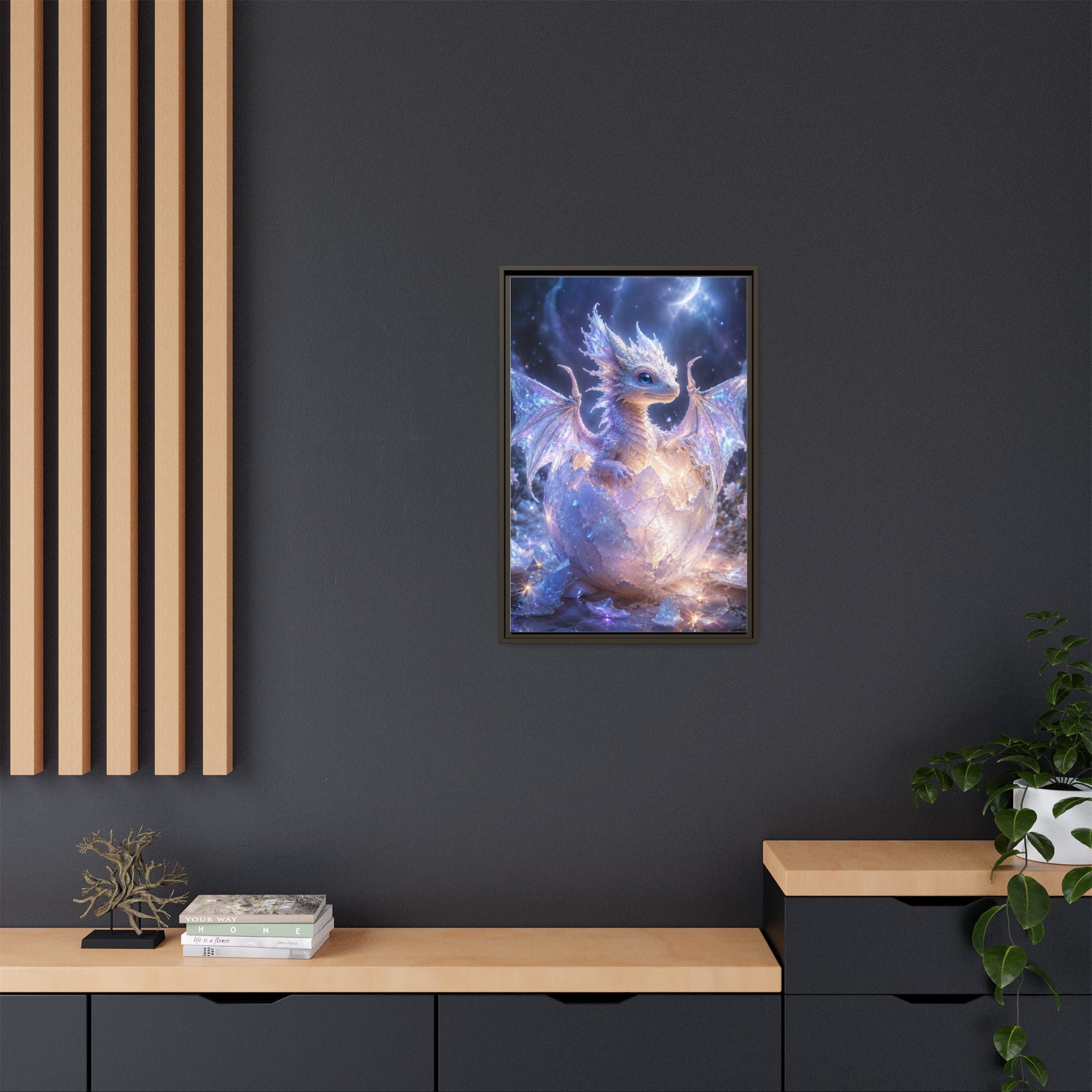 Framed Fantasy Dragon Canvas Print — Mystical Baby Dragon in Cracked Egg Wall Art