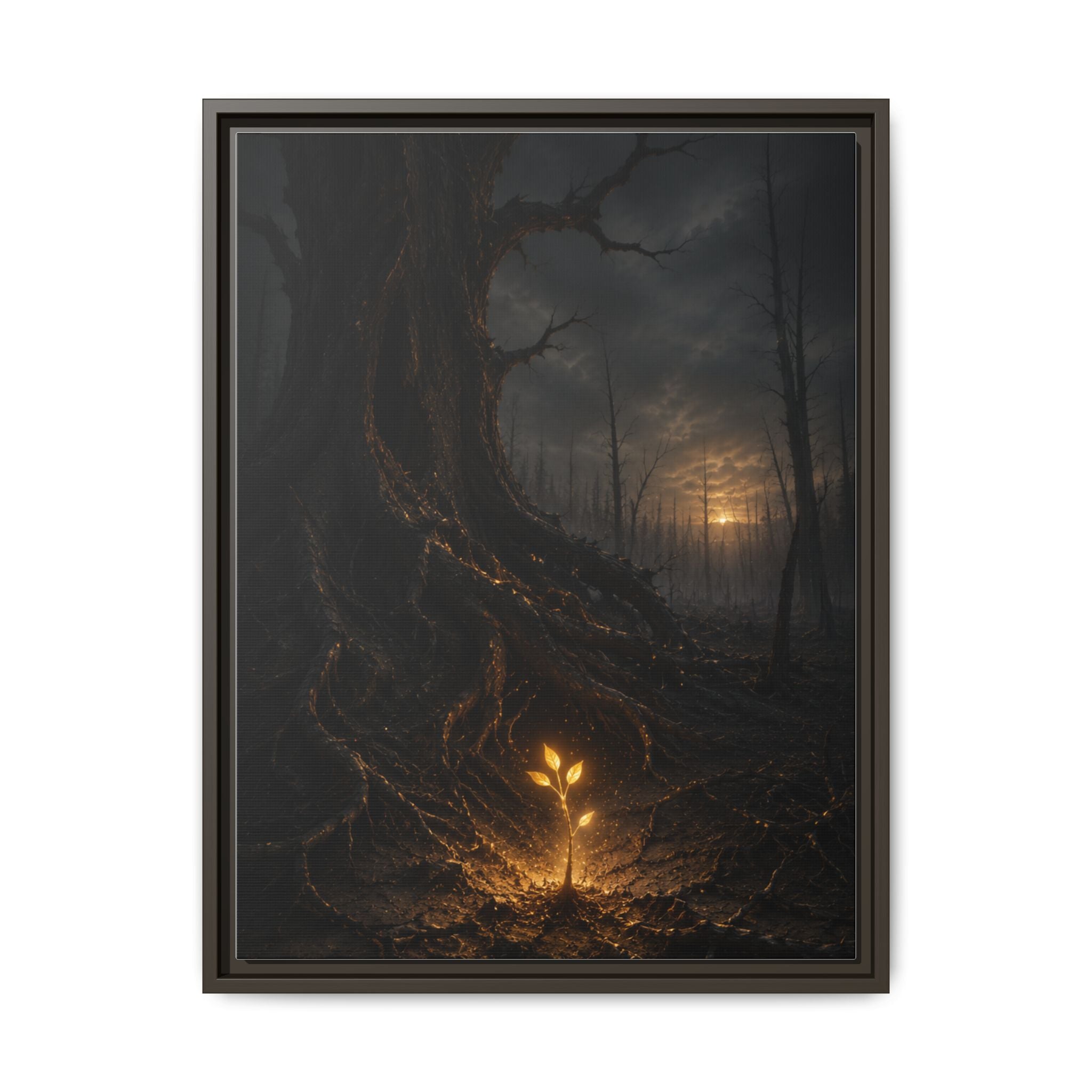Framed Matte Canvas — Glow Sprout in Dark Forest (Ethereal Fantasy Wall Art)