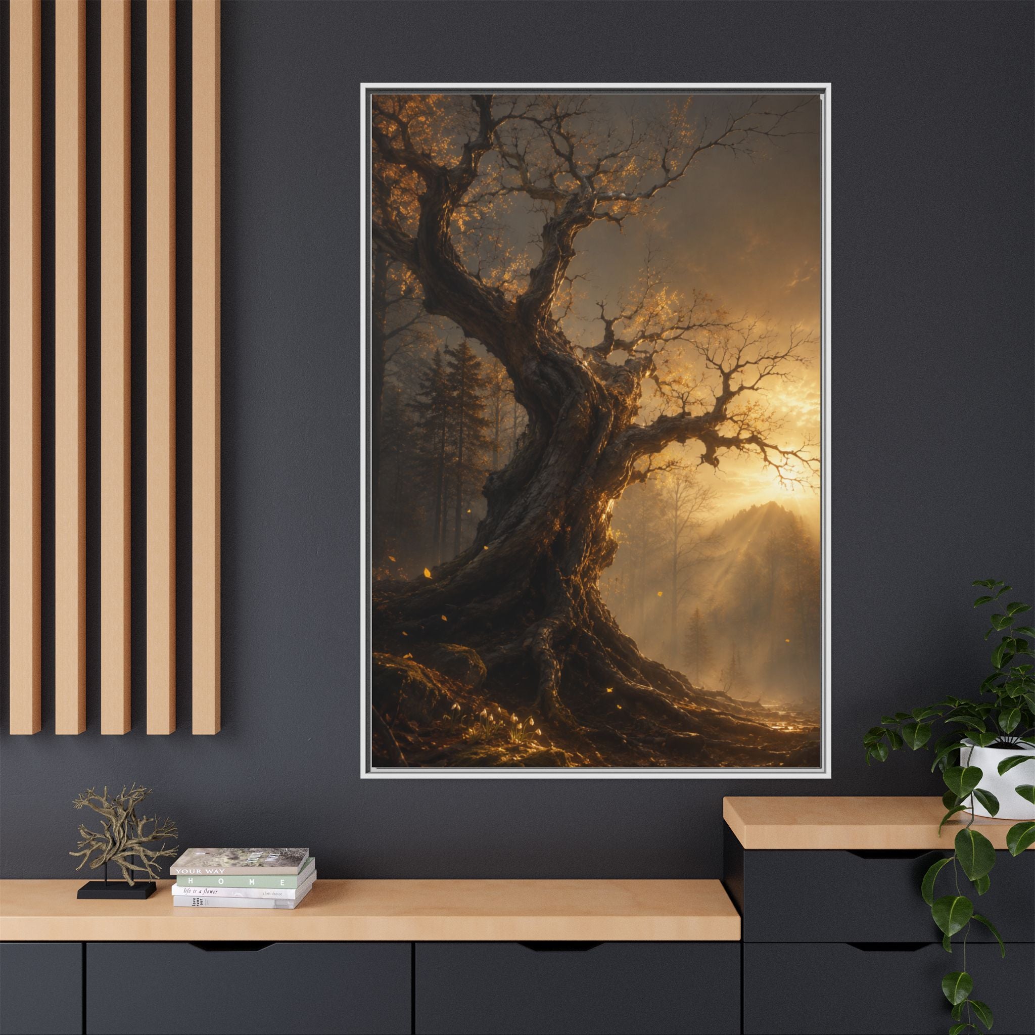 Framed Matte Canvas Art — Mystical Golden Forest Tree Print