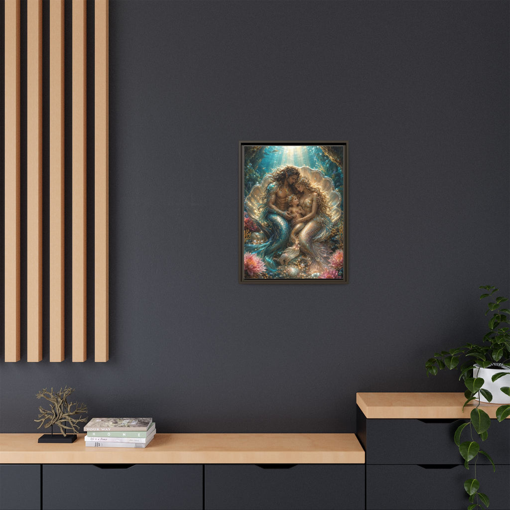 Framed Mermaid Family Art Print — Oceanic Fantasy Canvas Wall Decor