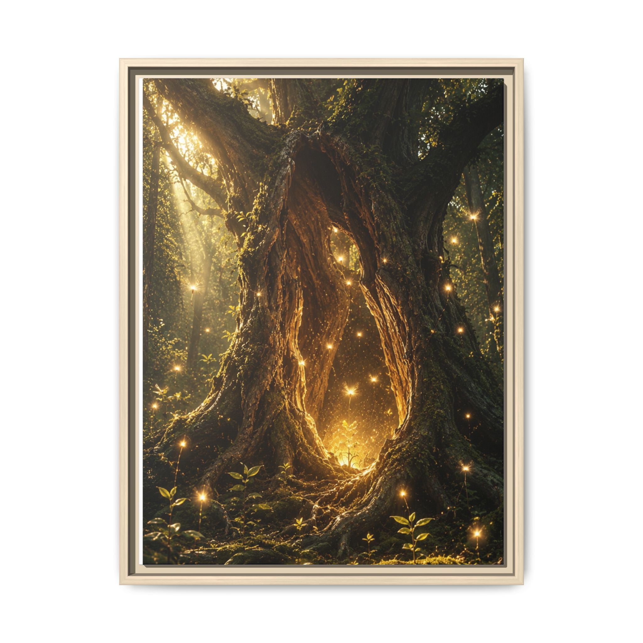 Framed Canvas Art - Enchanted Forest Tree with Glowing Fireflies