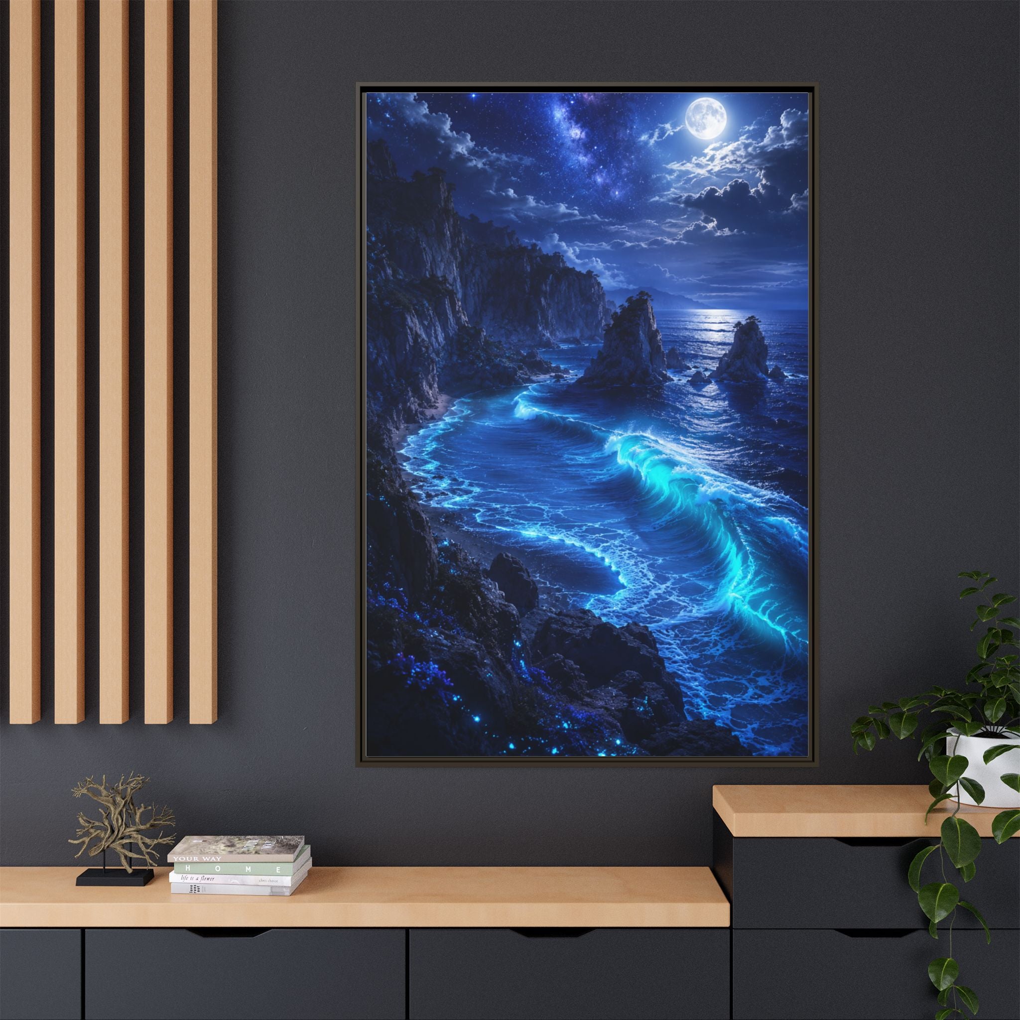 Framed Matte Canvas: Luminous Moonlit Ocean Art Print