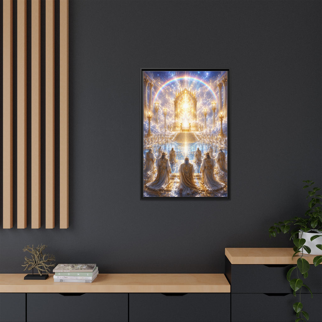 Heavenly Throne Room Matte Framed Canvas — Golden Angelic Realm Wall Art