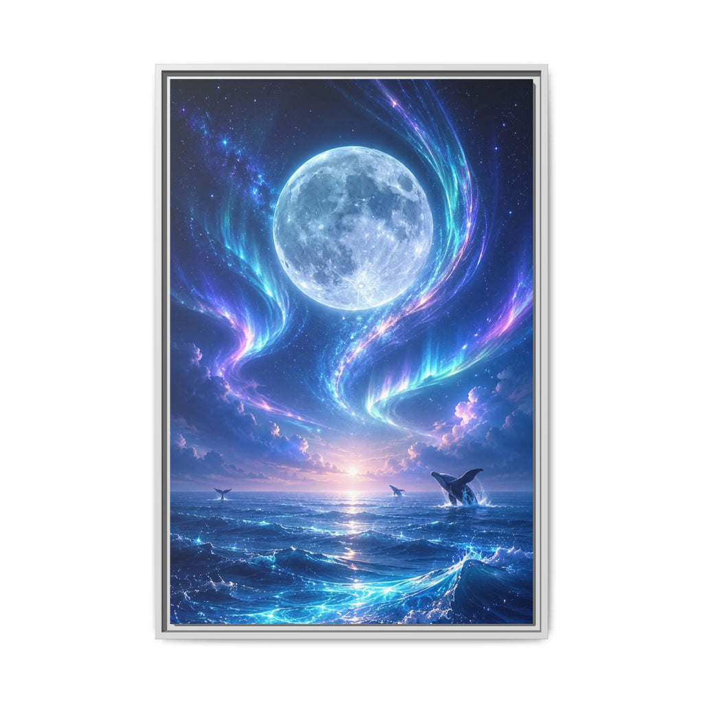 Framed Canvas Art - Lunar Aurora Ocean Scene