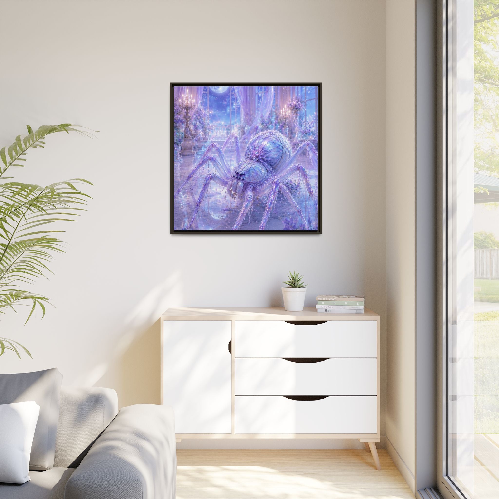Moonlit Spider Fantasy Canvas Print — Lavender Enchanted Wall Art (Framed)