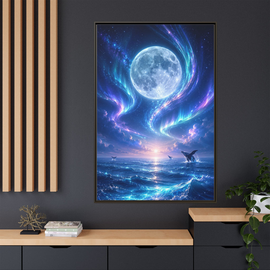 Framed Canvas Art - Lunar Aurora Ocean Scene