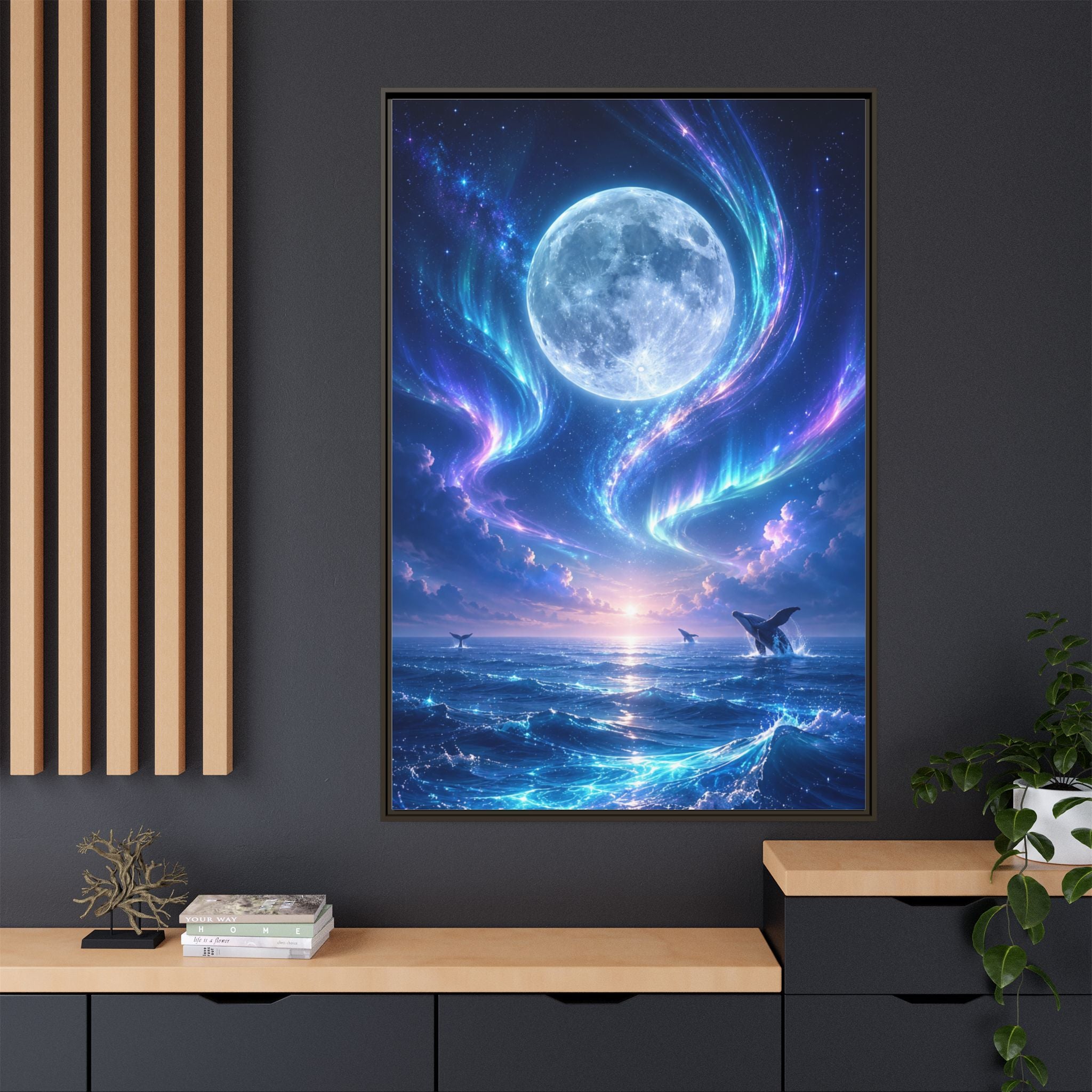 Framed Canvas Art - Lunar Aurora Ocean Scene
