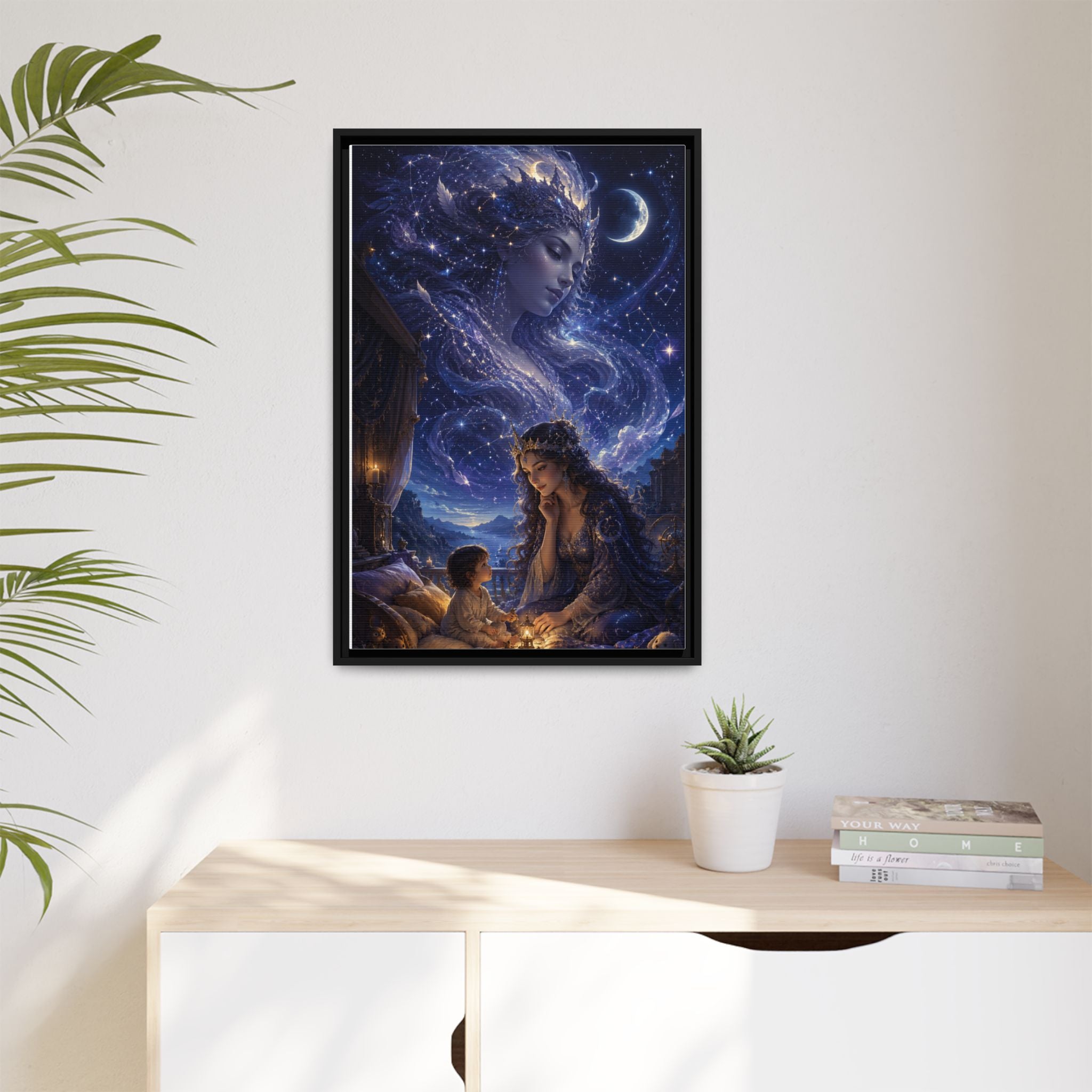 Framed Matte Canvas — Mystical Moon Mother & Child Nightscape Wall Art