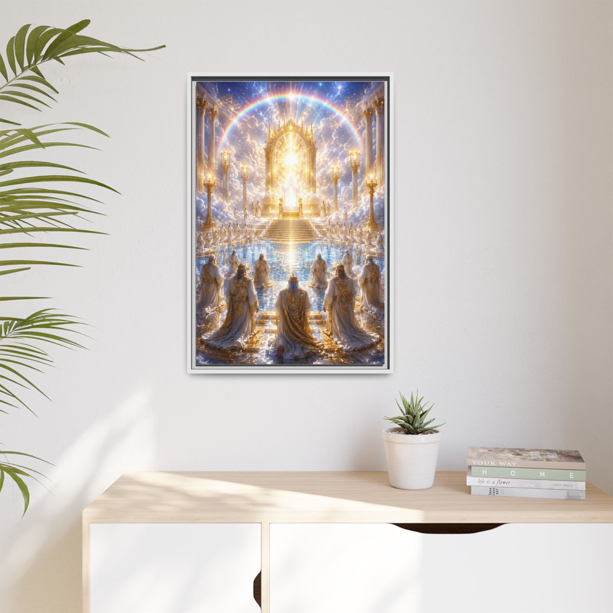 Heavenly Throne Room Matte Framed Canvas — Golden Angelic Realm Wall Art