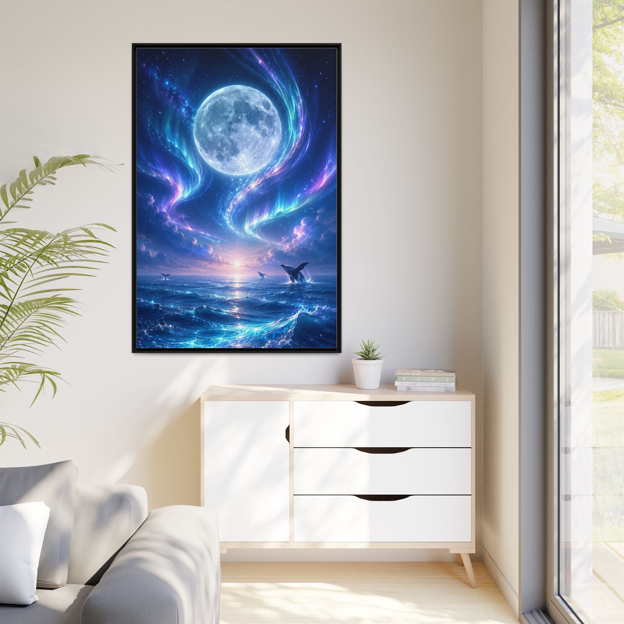 Framed Canvas Art - Lunar Aurora Ocean Scene