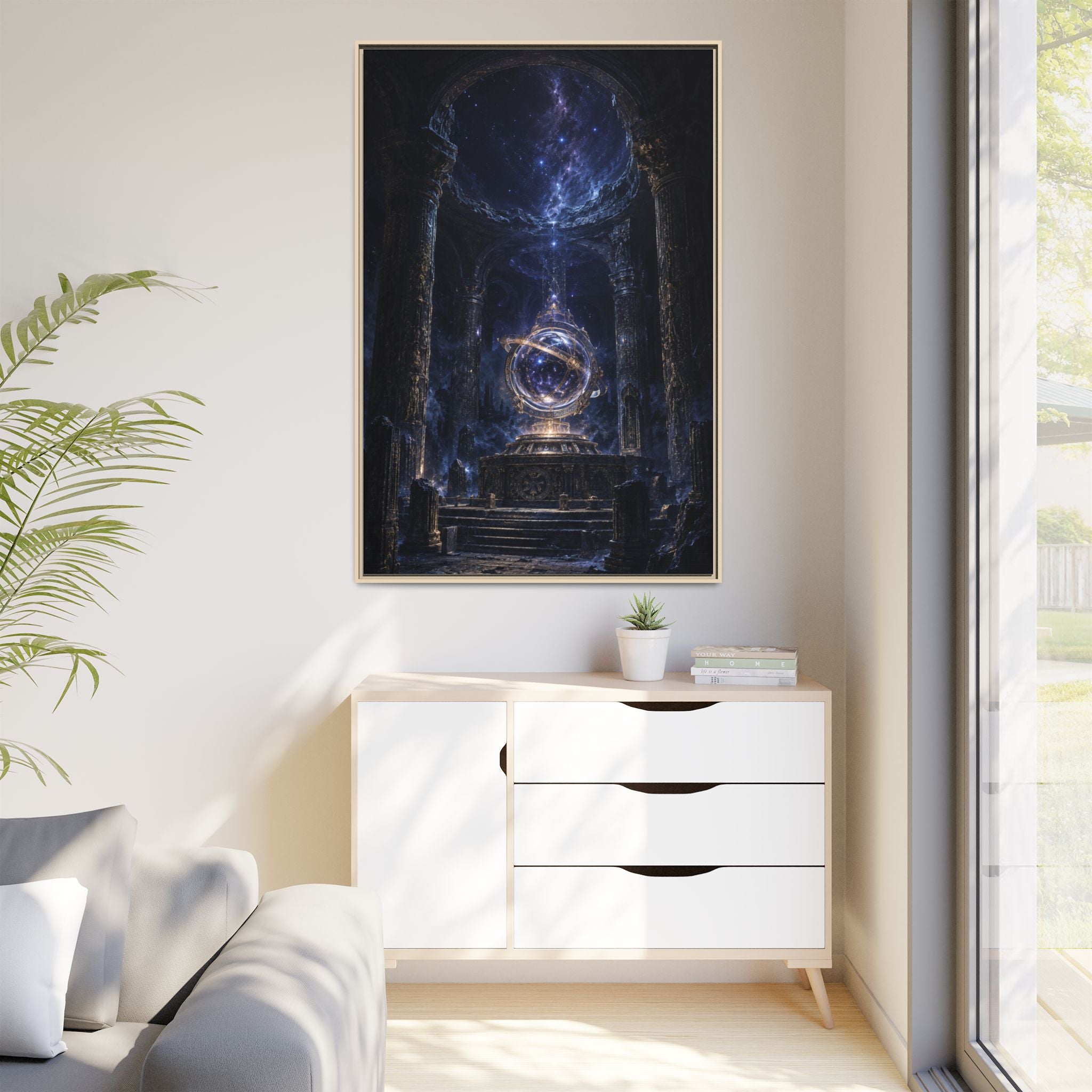 Framed Cosmic Temple Matte Canvas Art — Mystic Astral Orb Wall Decor