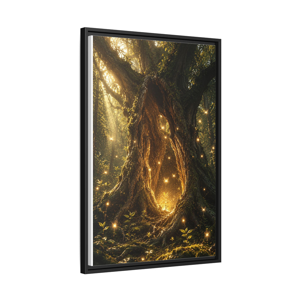 Framed Canvas Art - Enchanted Forest Tree with Glowing Fireflies