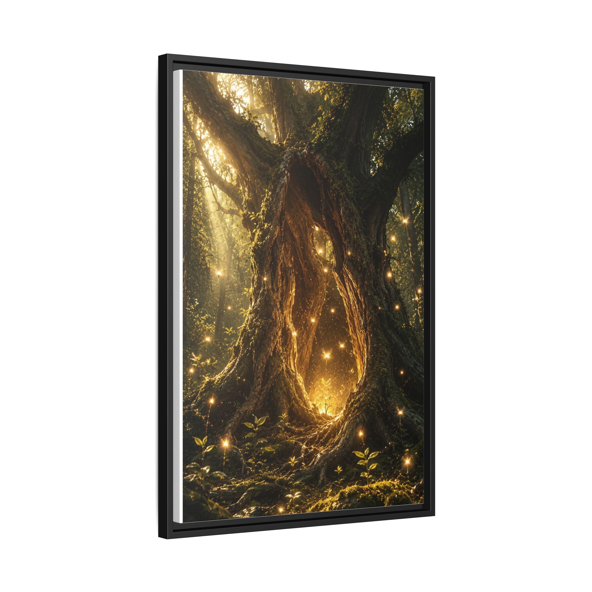 Framed Canvas Art - Enchanted Forest Tree with Glowing Fireflies