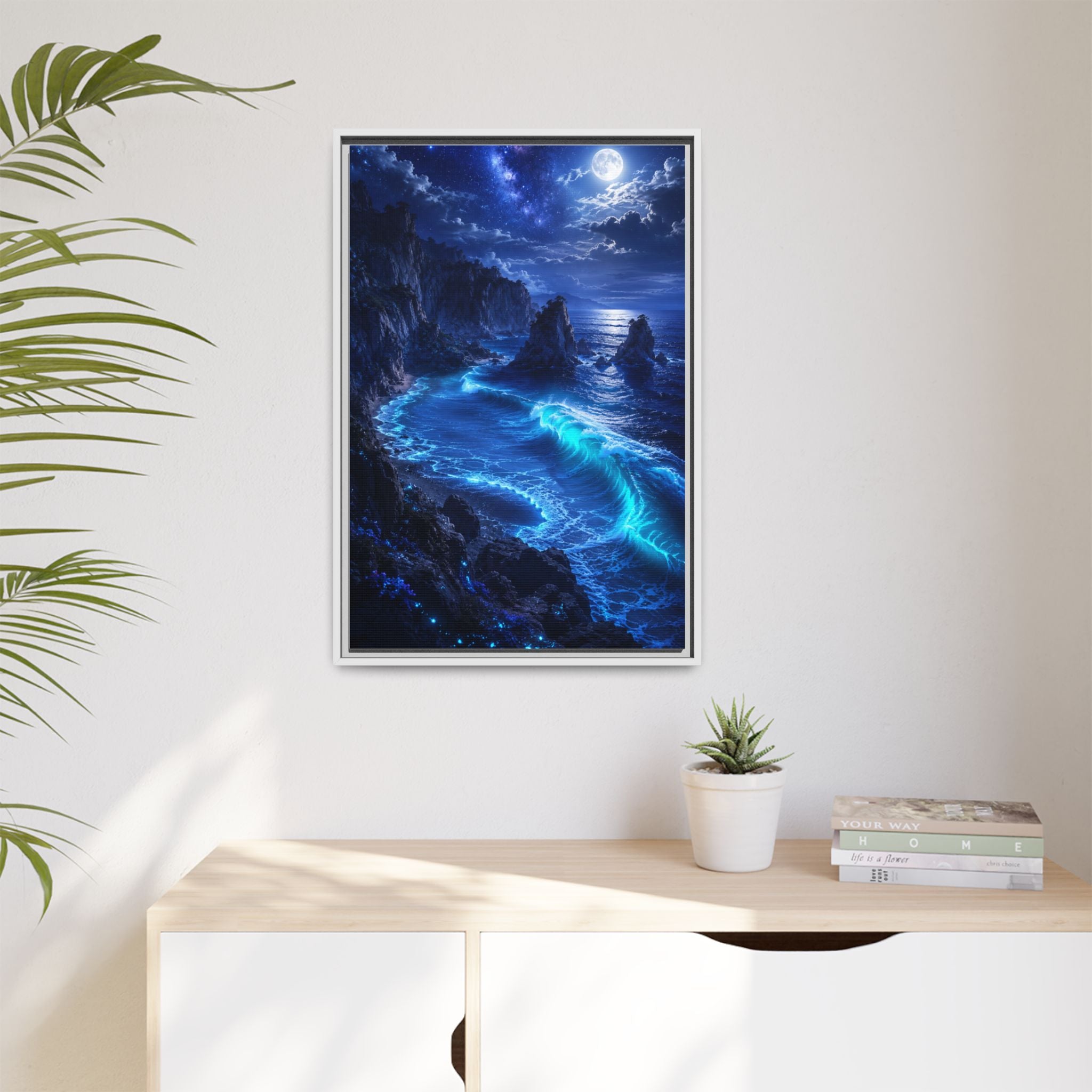 Framed Matte Canvas: Luminous Moonlit Ocean Art Print