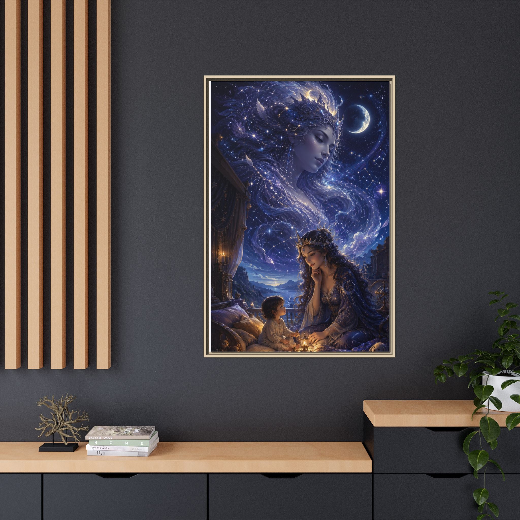 Framed Matte Canvas — Mystical Moon Mother & Child Nightscape Wall Art