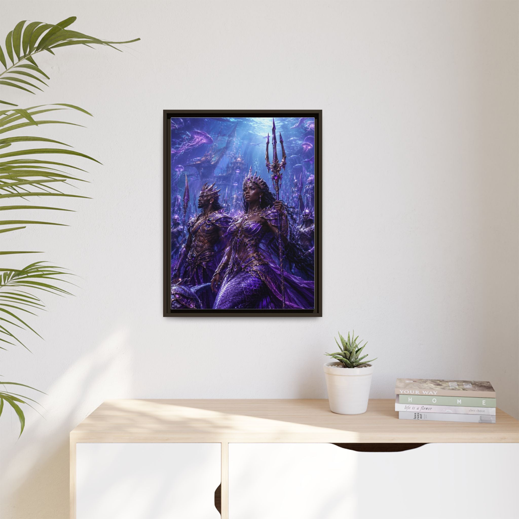 Framed Matte Canvas Print — Regal Underwater Merfolk Royalty (Purple)