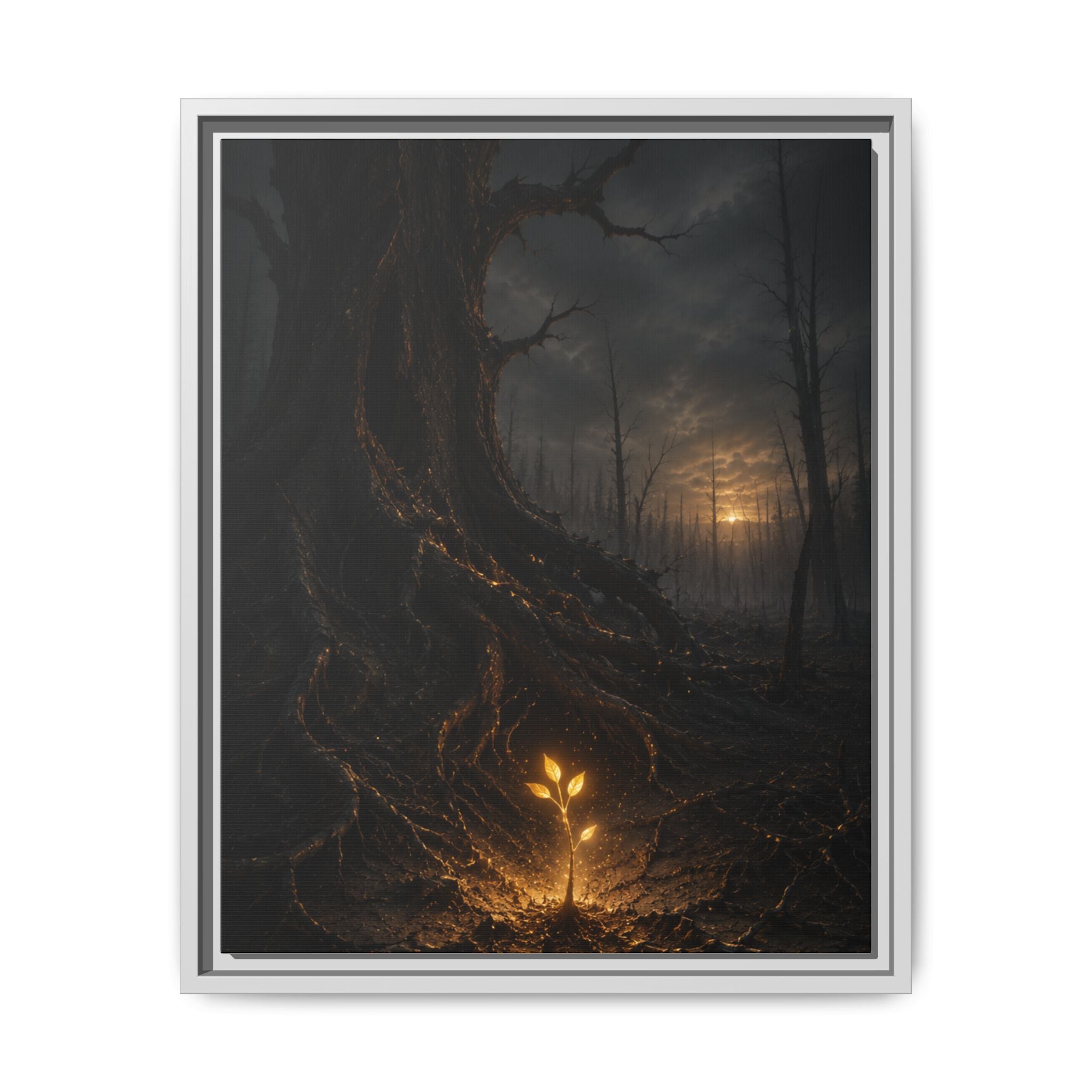 Framed Matte Canvas — Glow Sprout in Dark Forest (Ethereal Fantasy Wall Art)