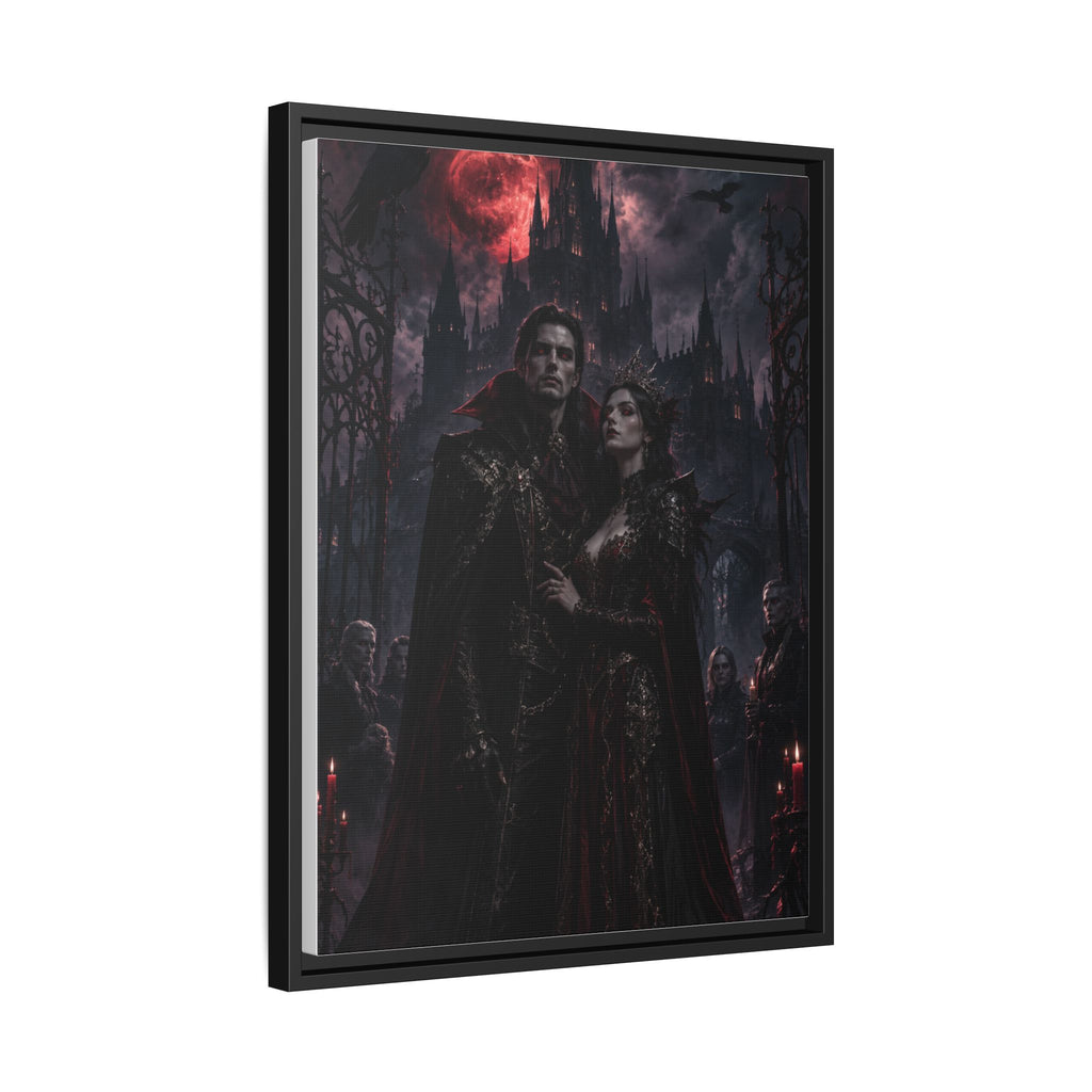 Vampire Couple Matte Framed Canvas Art – Gothic Red Moon Wall Decor