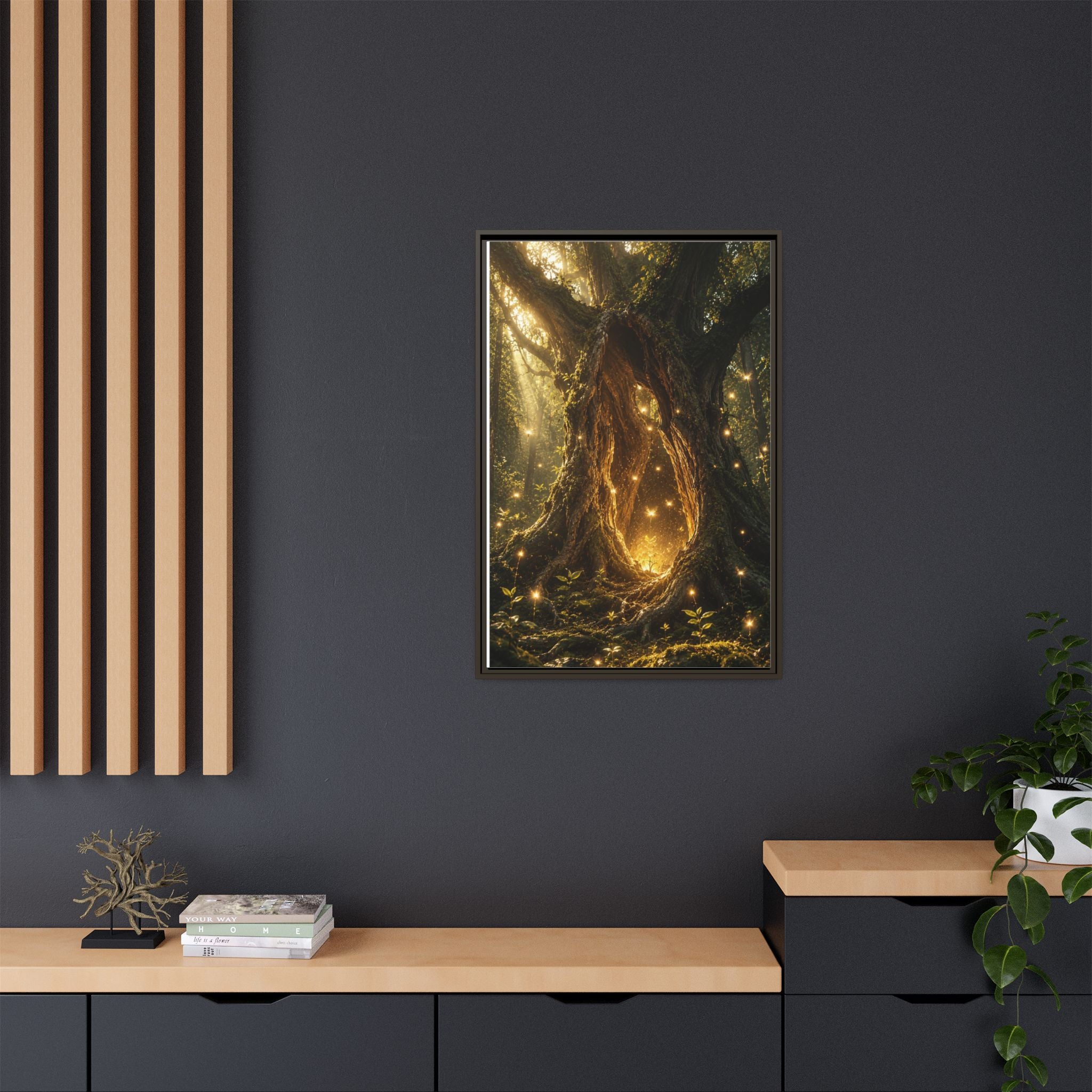 Framed Canvas Art - Enchanted Forest Tree with Glowing Fireflies