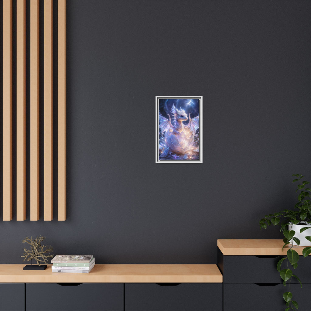Framed Fantasy Dragon Canvas Print — Mystical Baby Dragon in Cracked Egg Wall Art