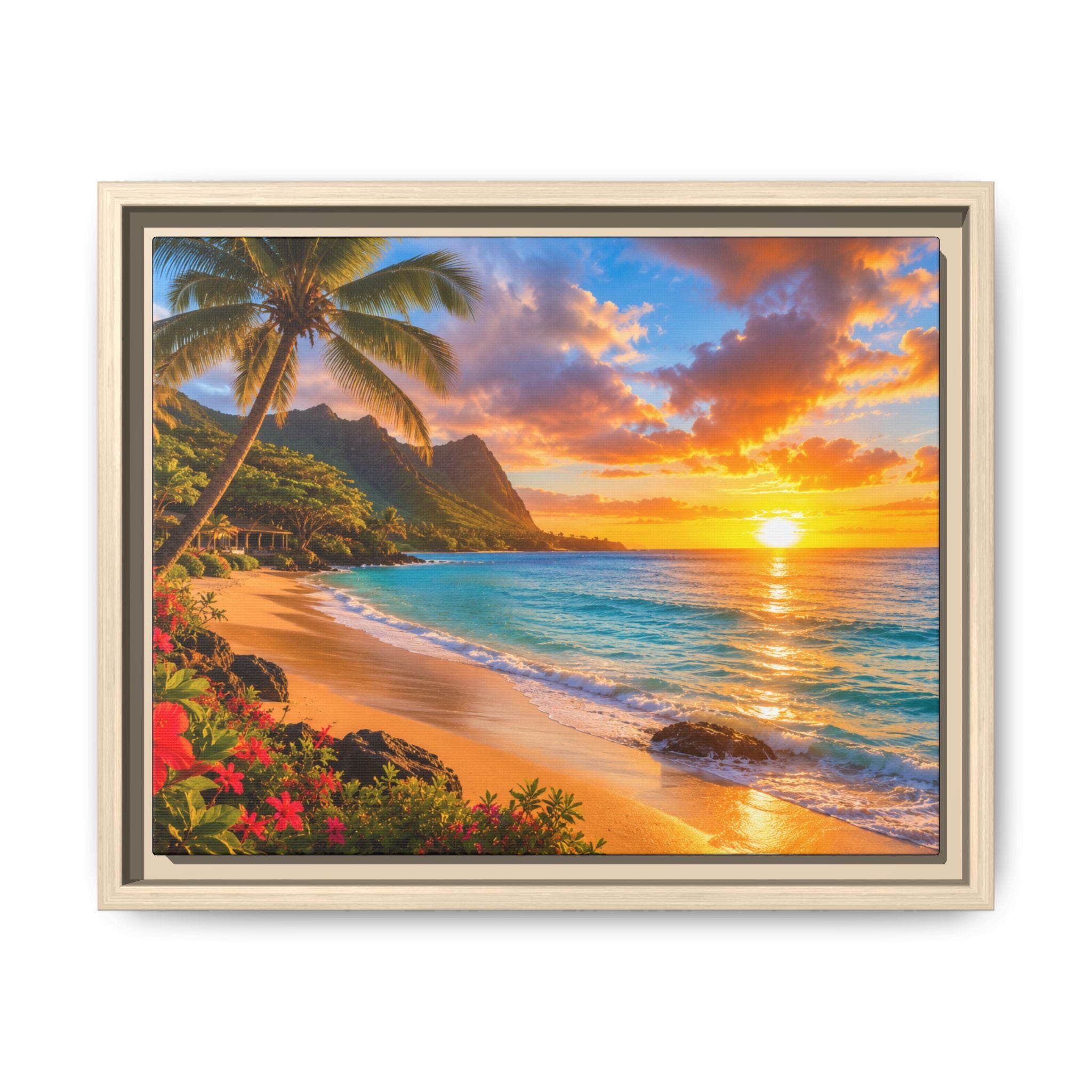 Framed Tropical Sunset Beach Canvas — Matte Wall Art