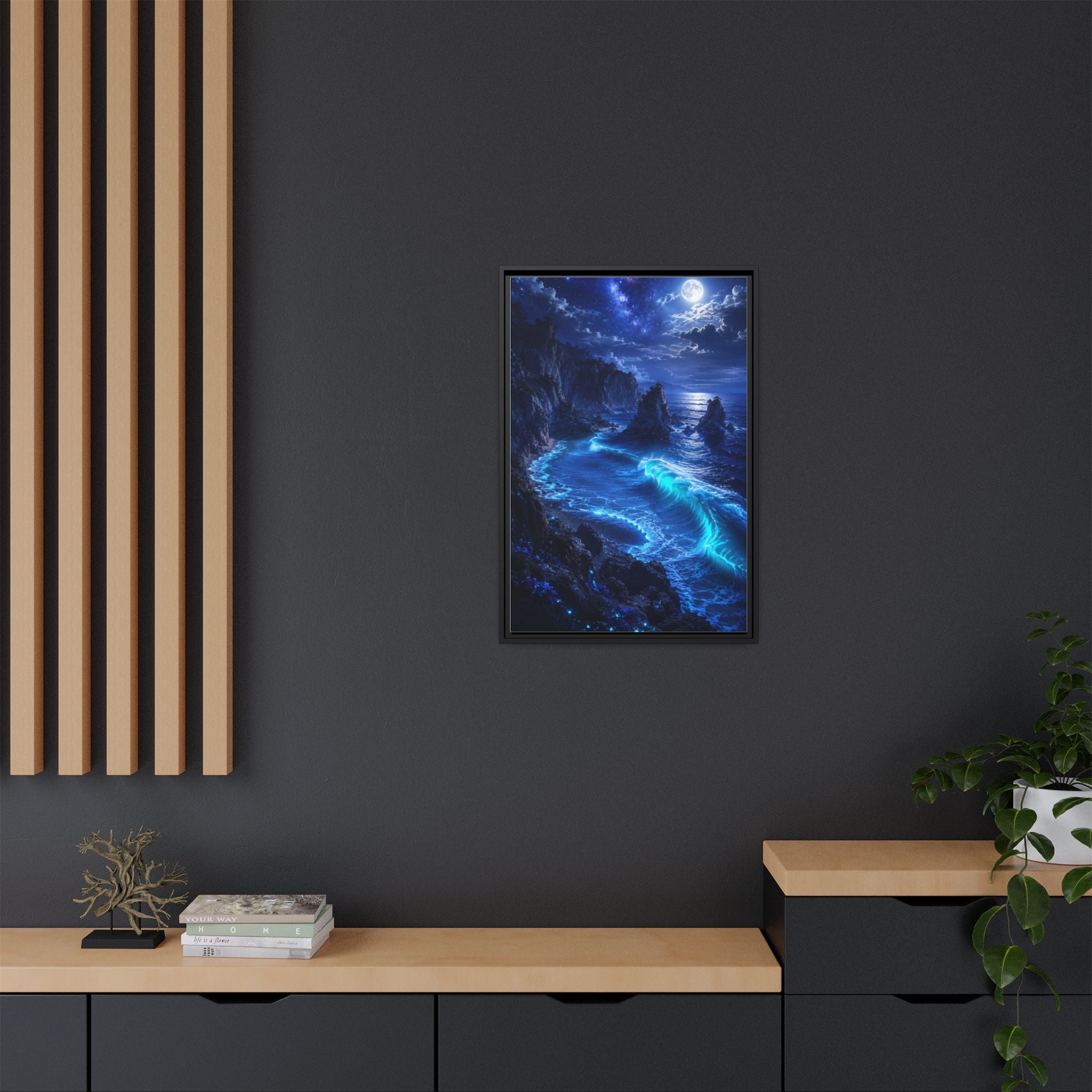 Framed Matte Canvas: Luminous Moonlit Ocean Art Print