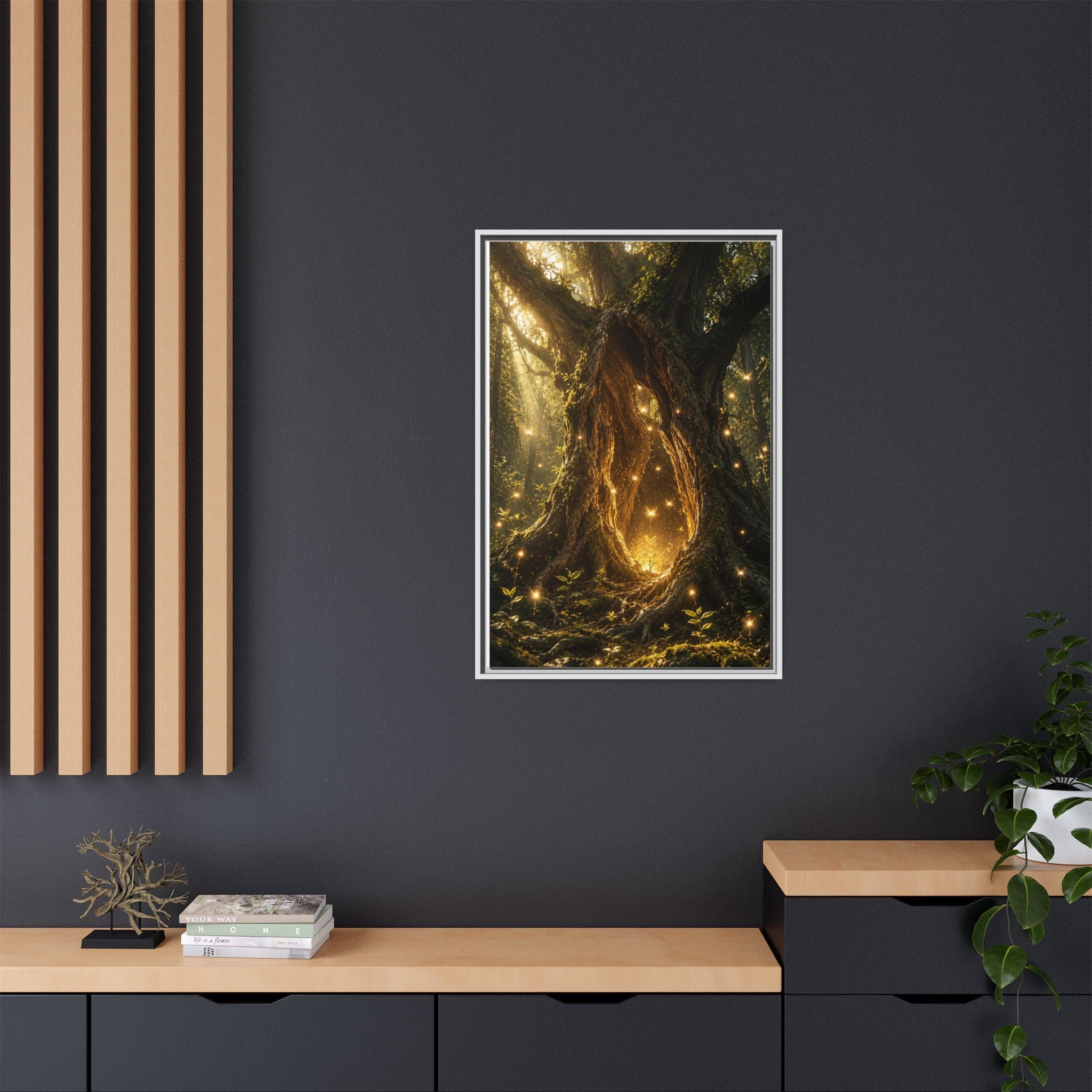 Framed Canvas Art - Enchanted Forest Tree with Glowing Fireflies