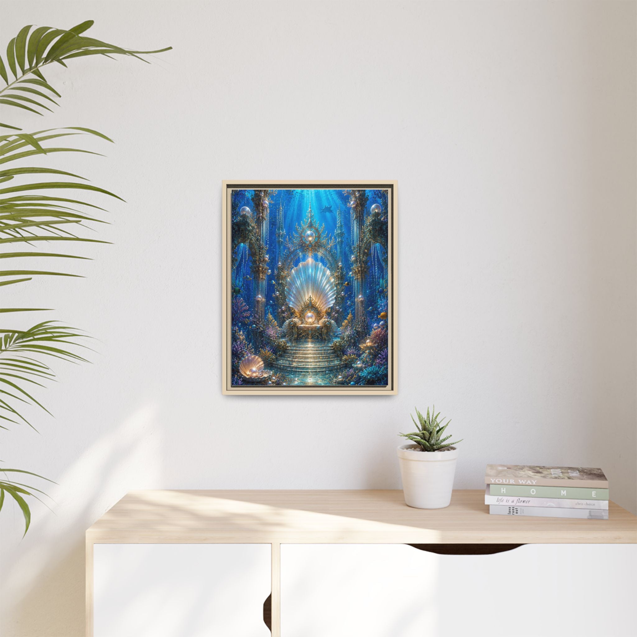 Underwater Palace Framed Canvas Art — Mermaid Throne Ocean Fantasy Print