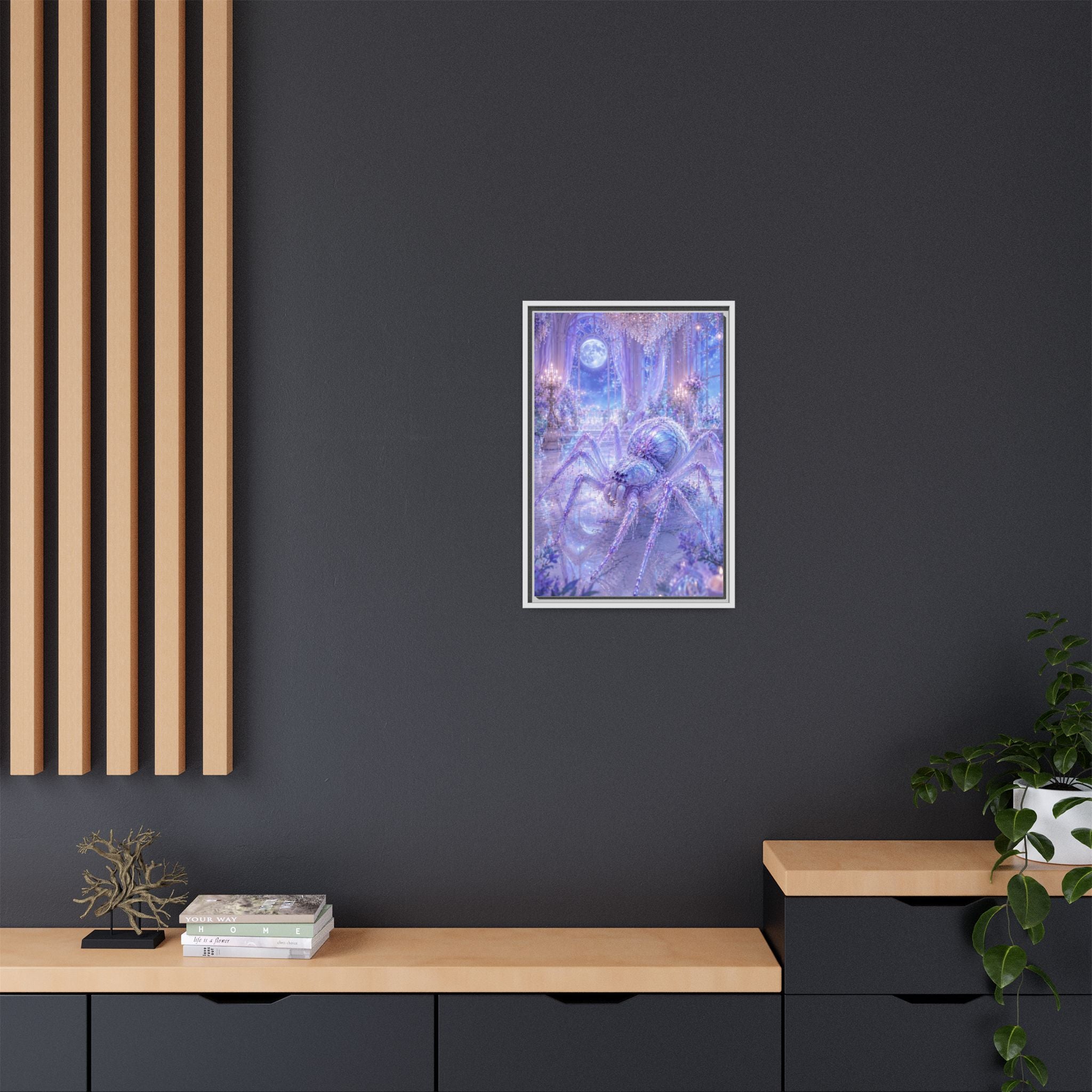 Moonlit Spider Fantasy Canvas Print — Lavender Enchanted Wall Art (Framed)