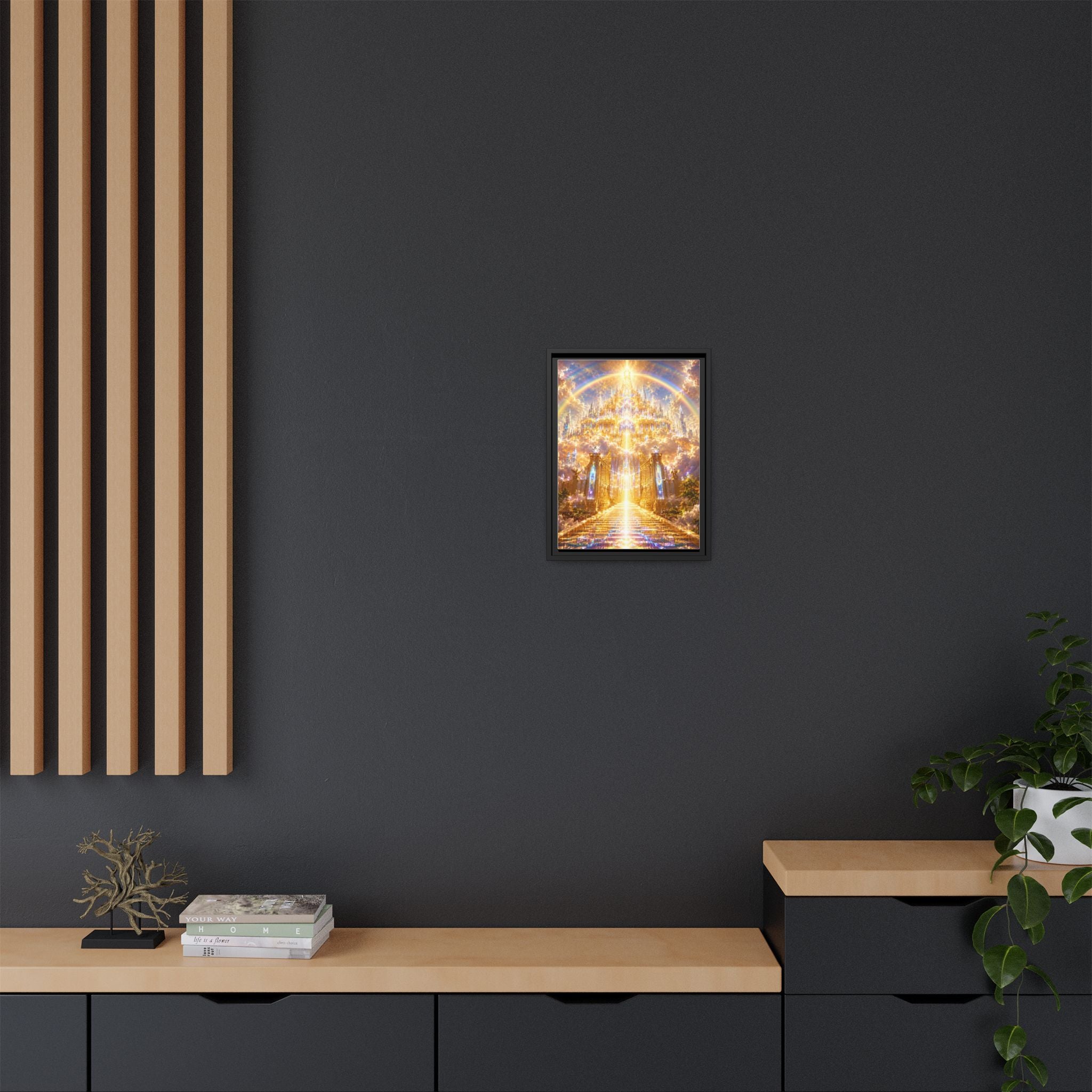 Heavenly Gateway Matte Framed Canvas — Golden Rainbow Spiritual Wall Art