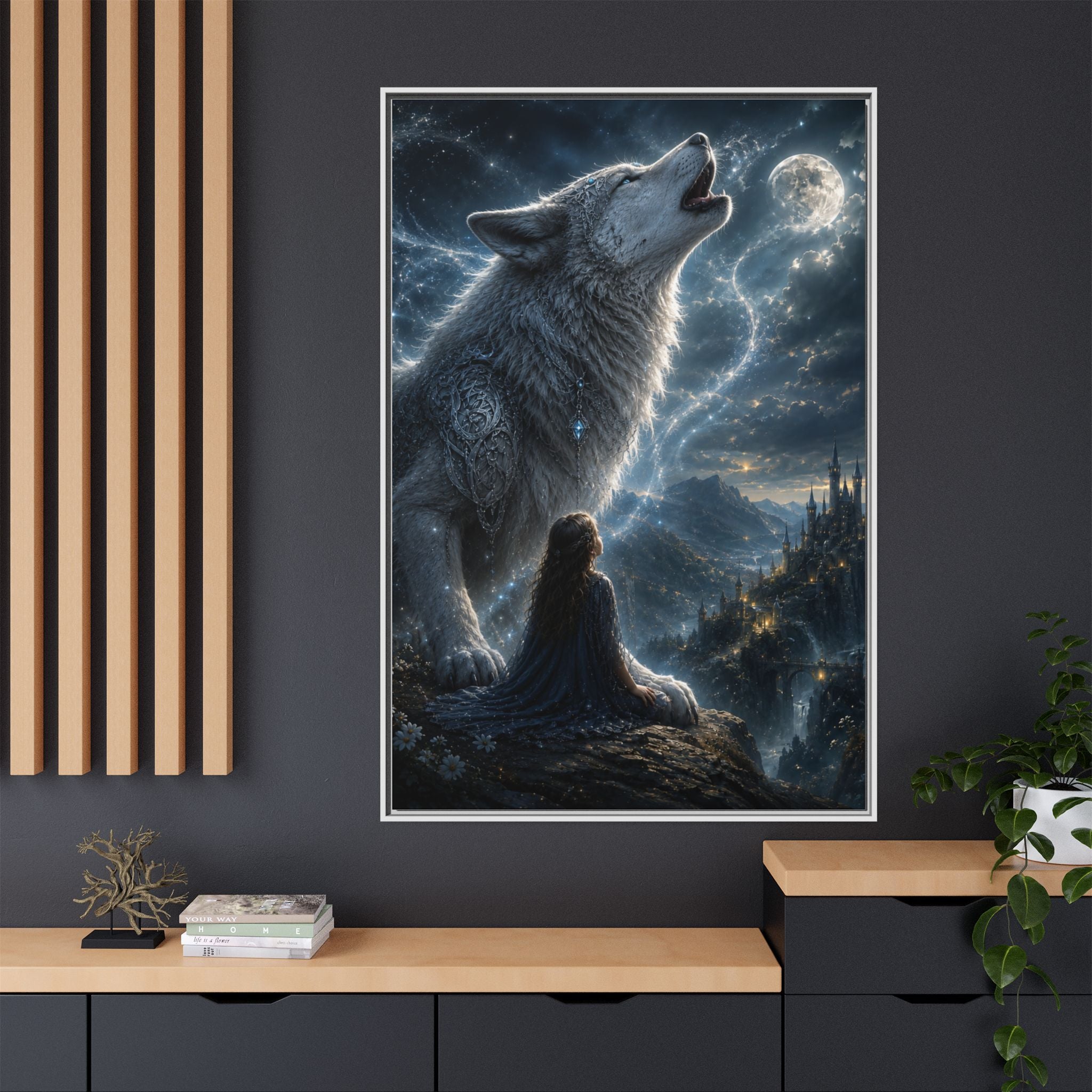 Howling Wolf Moon Matte Canvas Print — Framed Fantasy Wall Art