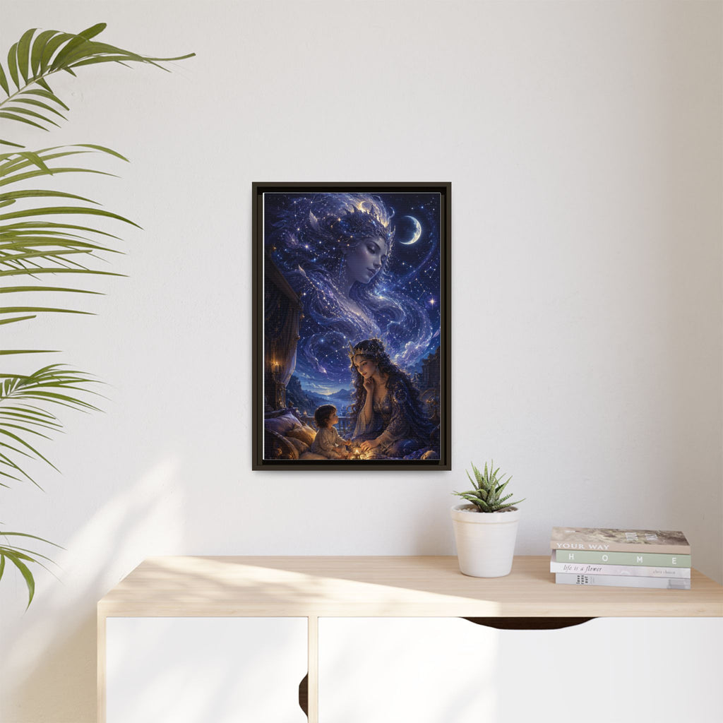 Framed Matte Canvas — Mystical Moon Mother & Child Nightscape Wall Art