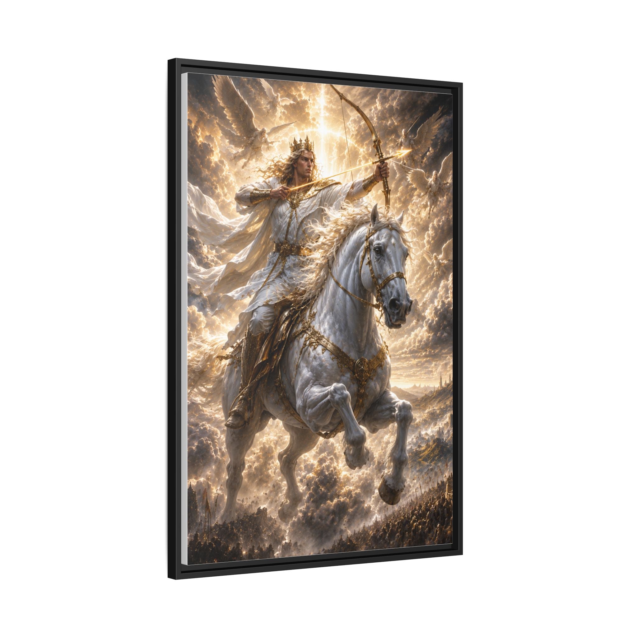 Mythic Warrior on White Steed — Framed Matte Canvas Wall Art