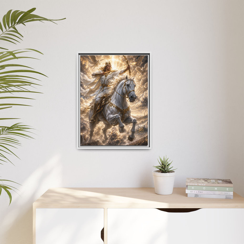 Mythic Warrior on White Steed — Framed Matte Canvas Wall Art