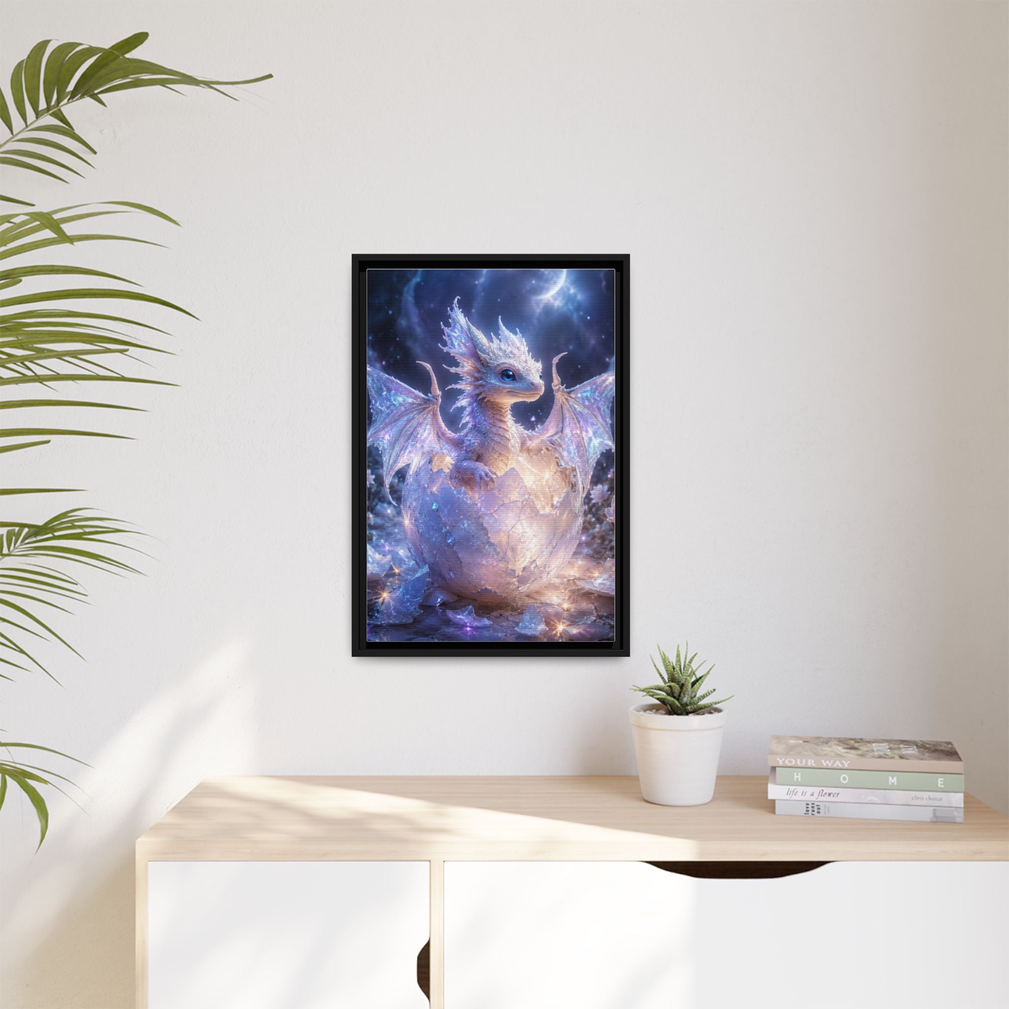 Framed Fantasy Dragon Canvas Print — Mystical Baby Dragon in Cracked Egg Wall Art
