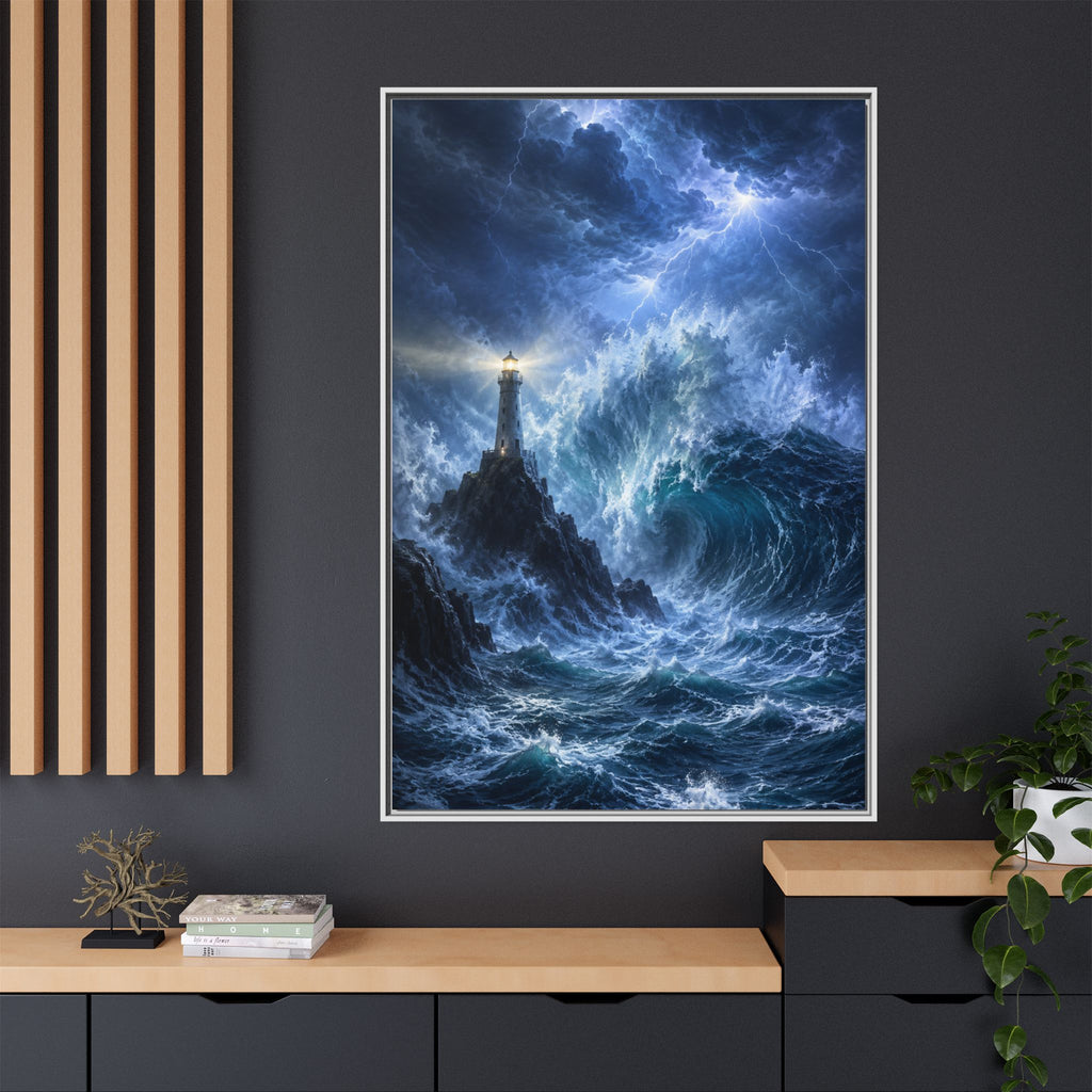 Framed Matte Canvas – Stormy Lighthouse Ocean Print
