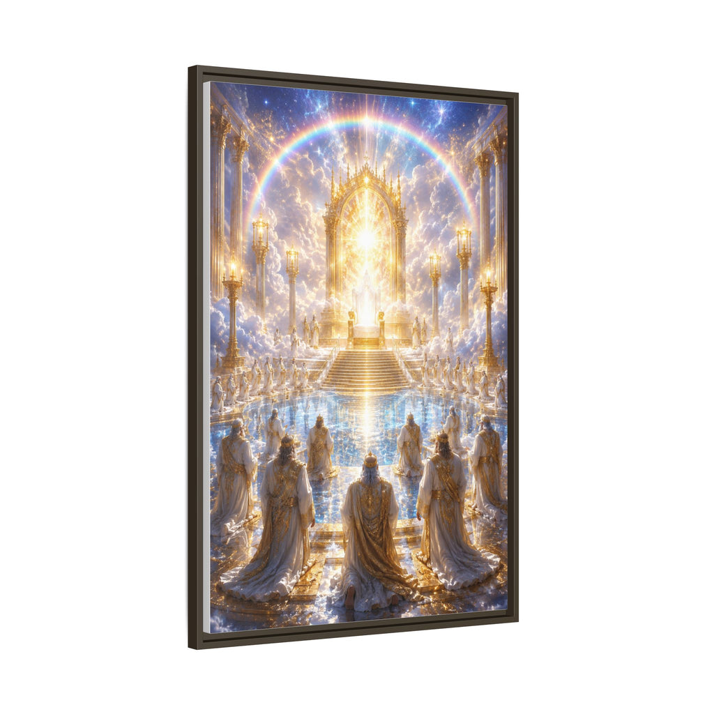 Heavenly Throne Room Matte Framed Canvas — Golden Angelic Realm Wall Art