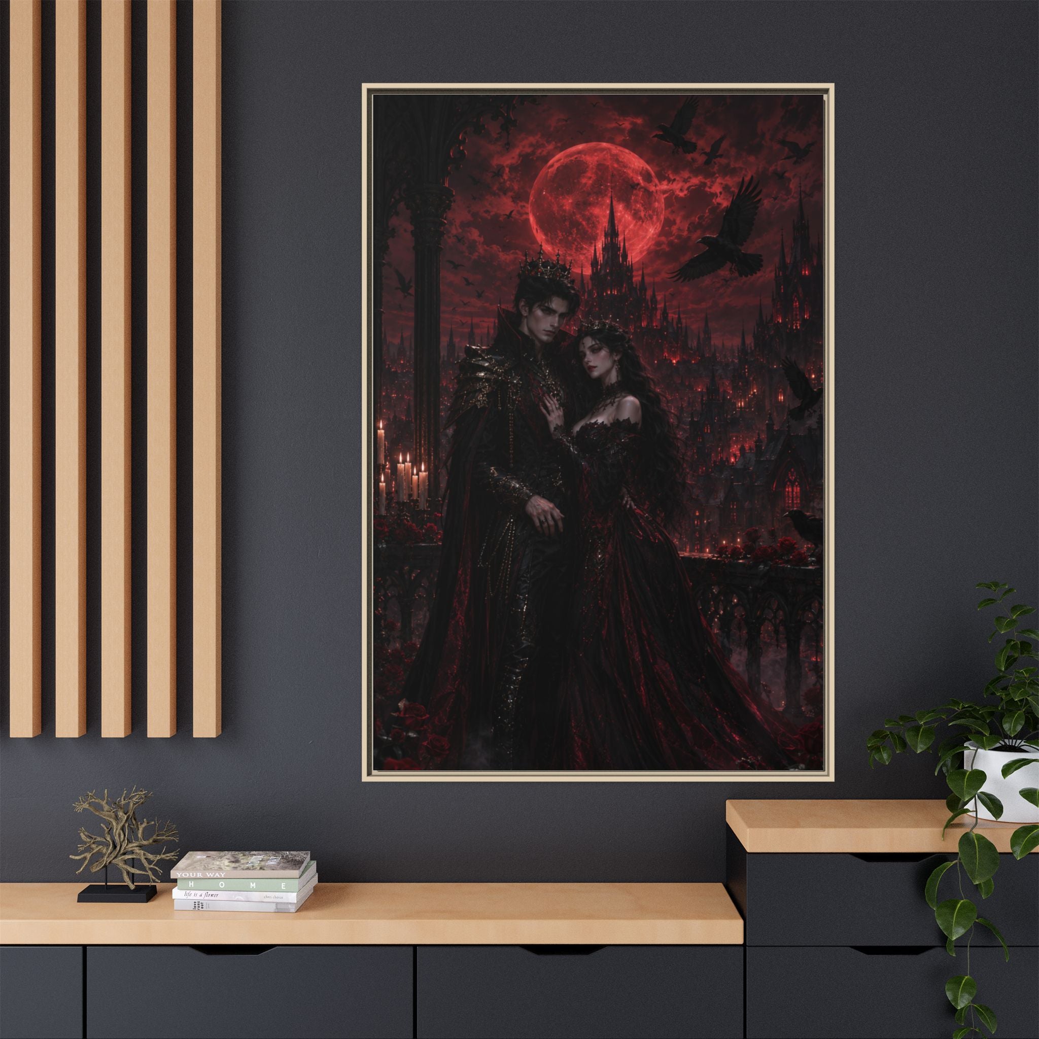 Vampire Lovers Matte Framed Canvas — Gothic Red Moon Wall Art