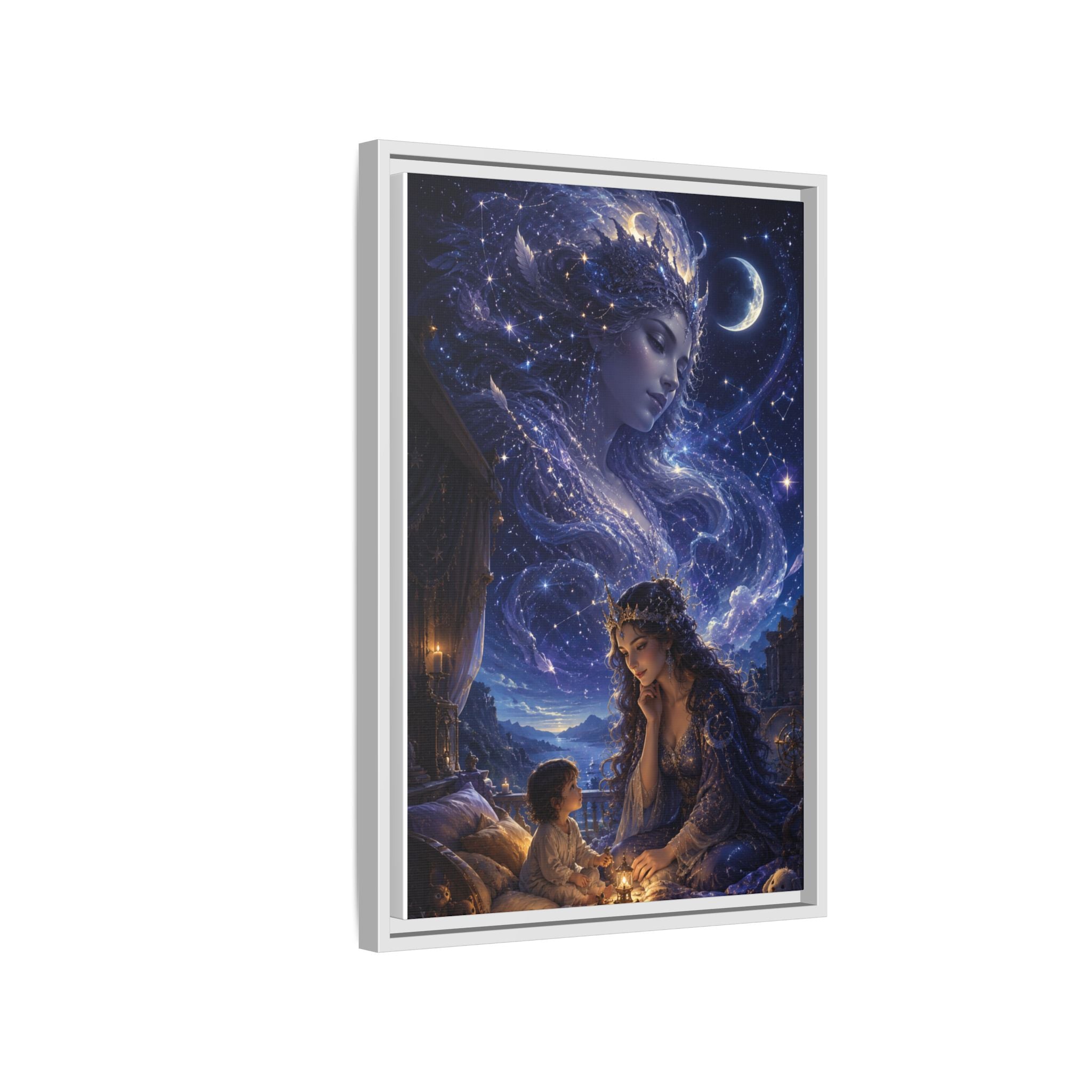 Framed Matte Canvas — Mystical Moon Mother & Child Nightscape Wall Art